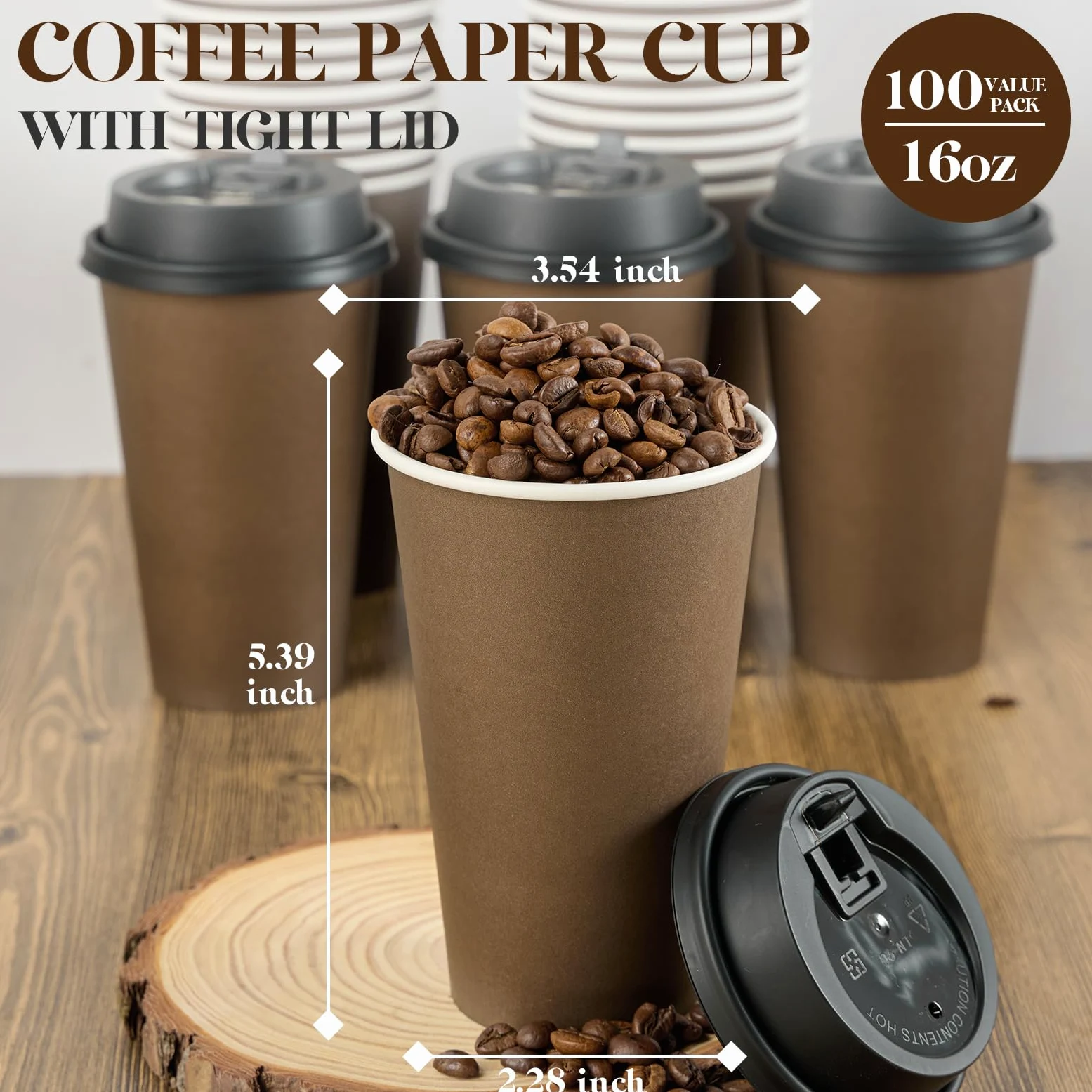 LITOPAK Lot de 100 tasses à café jetables en papier marron de 473,6 g avec couvercles, pour café chaud, eau, jus ou thé, tasses à café en papier chaud pour la maison, le restaurant, le magasin et le