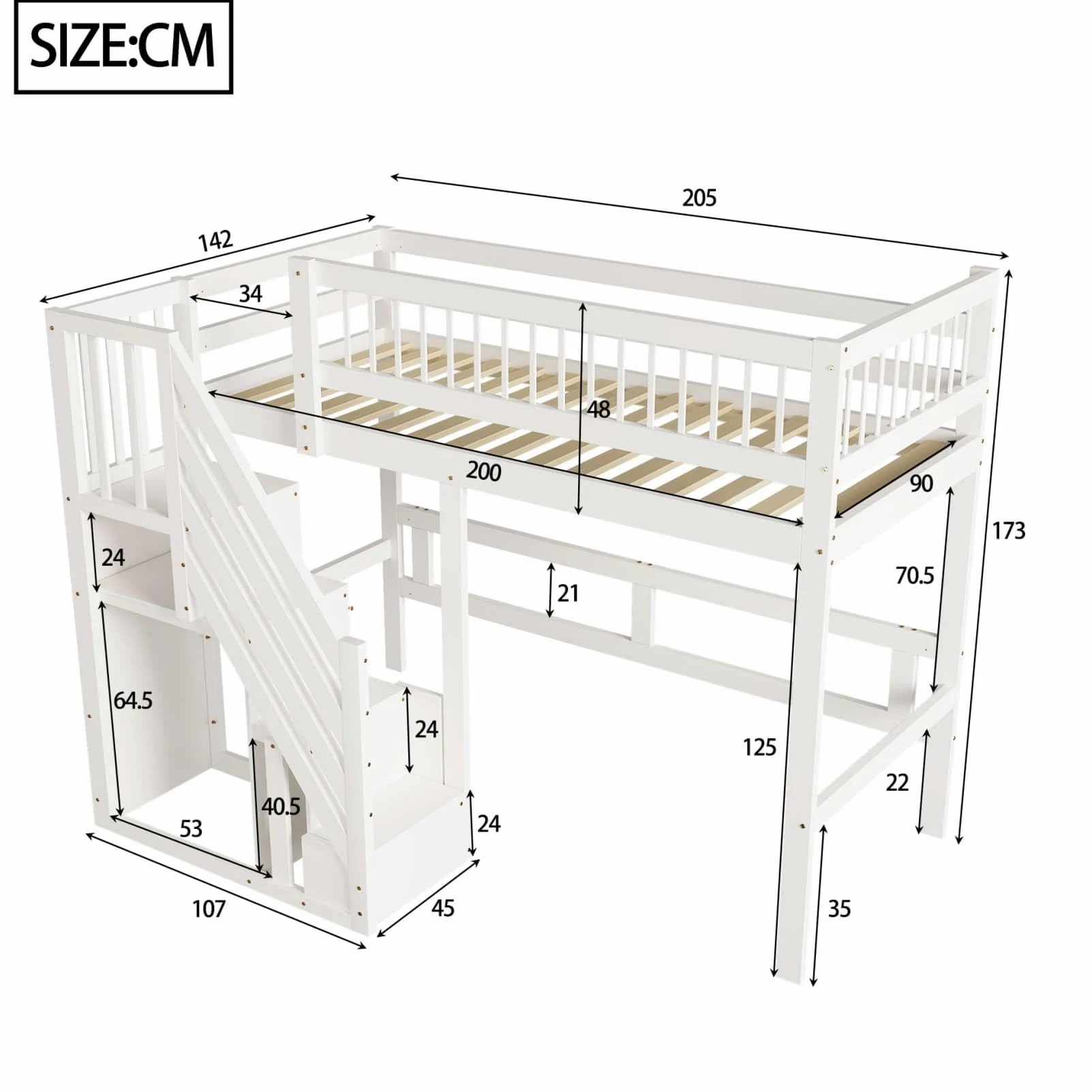 PUGSDRLY Lit Mezzanine 1 Place,Lit Mezzanine Enfant 90x200cm avec Escalier de Rangement et Petite Armoire,pour Adolescent,Design de Clôture Haute,Cadre de Bois Massif (Blanc-A, 90x200)