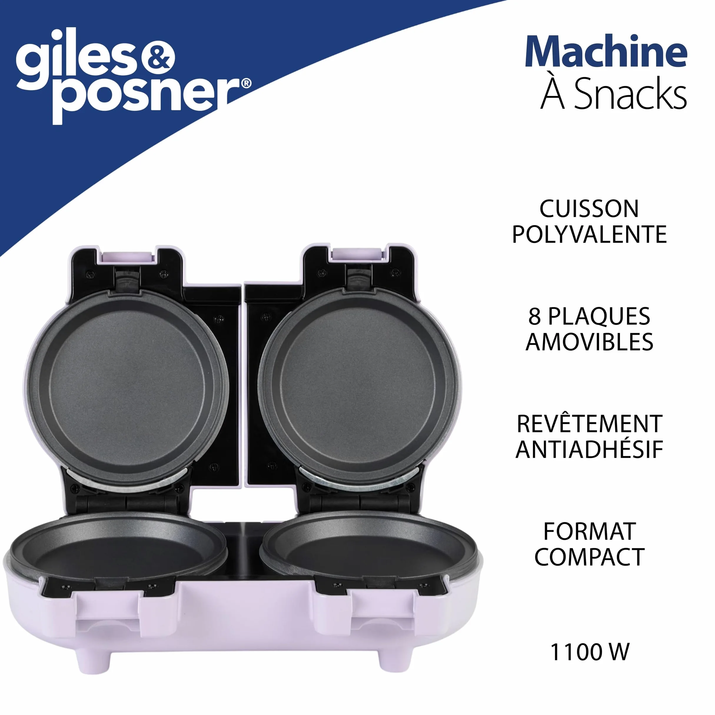 Giles & Posner Appareil de fabrication de snacks– plaques de cuisson amovibles antiadhésives, compact, inclut 4 plates pour omelettes et gâteaux, 4 à gaufres, violet pastel.