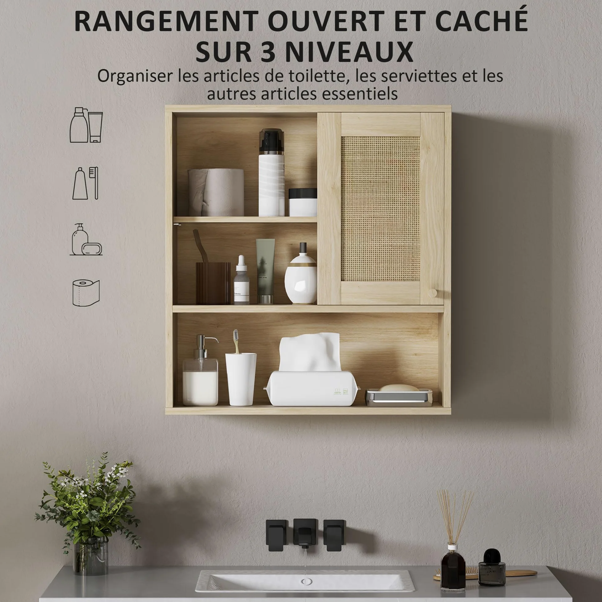 HOMCOM Armoire murale, meuble haut salle de bain avec porte coulissante en rotin et étagères ouvertes, meuble de salle de bain style bohème, meuble de rangement suspendu, 60 x 20 x 65 cm, bois naturel
