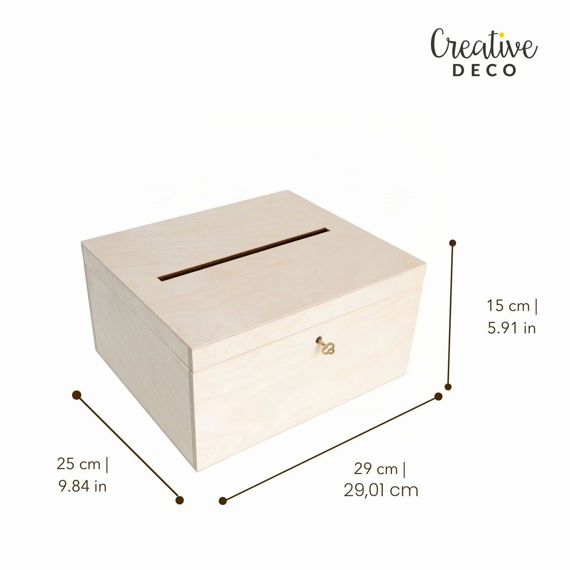 Creative Deco Boite en Bois pour Enveloppes | 29 x 25 x 15 cm | Bois Naturel | avec Couvercle et Clé | Boîte pour Occasions Spéciales | Urne Anniversaire | Mariage | Boite a Souvenirs, Cartes Lettre