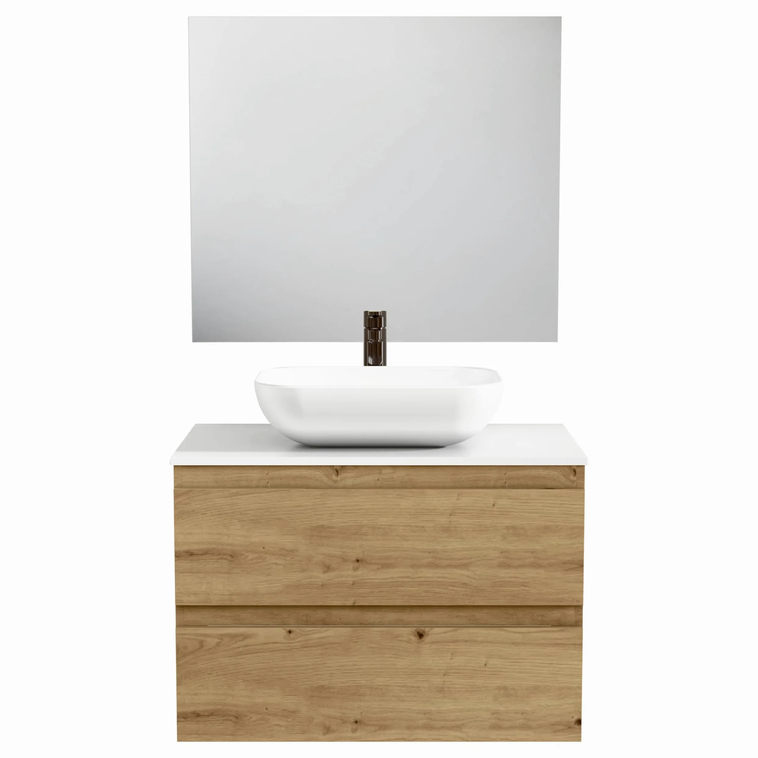 BELLOBATH - Meuble Salle de Bain avec Lavabo en Céramique et Miroir, Meuble de Rangement Salle de Bain, 2 Tiroirs 80 x 55 x 46 cm, Meuble Chêne/Blanc