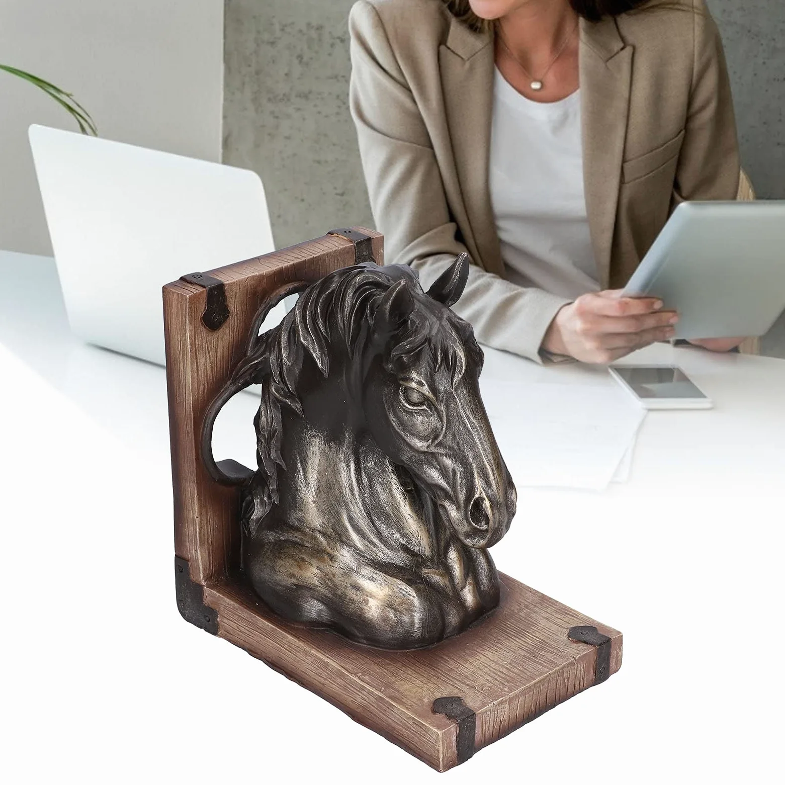 Serre-Livres de Cheval, Sculpture de tête de Cheval Durable Stable Portable Exquis pour Anniversaire pour la Maison pour Le Bureau(BS20900 Cheval de Bronze (Simple))