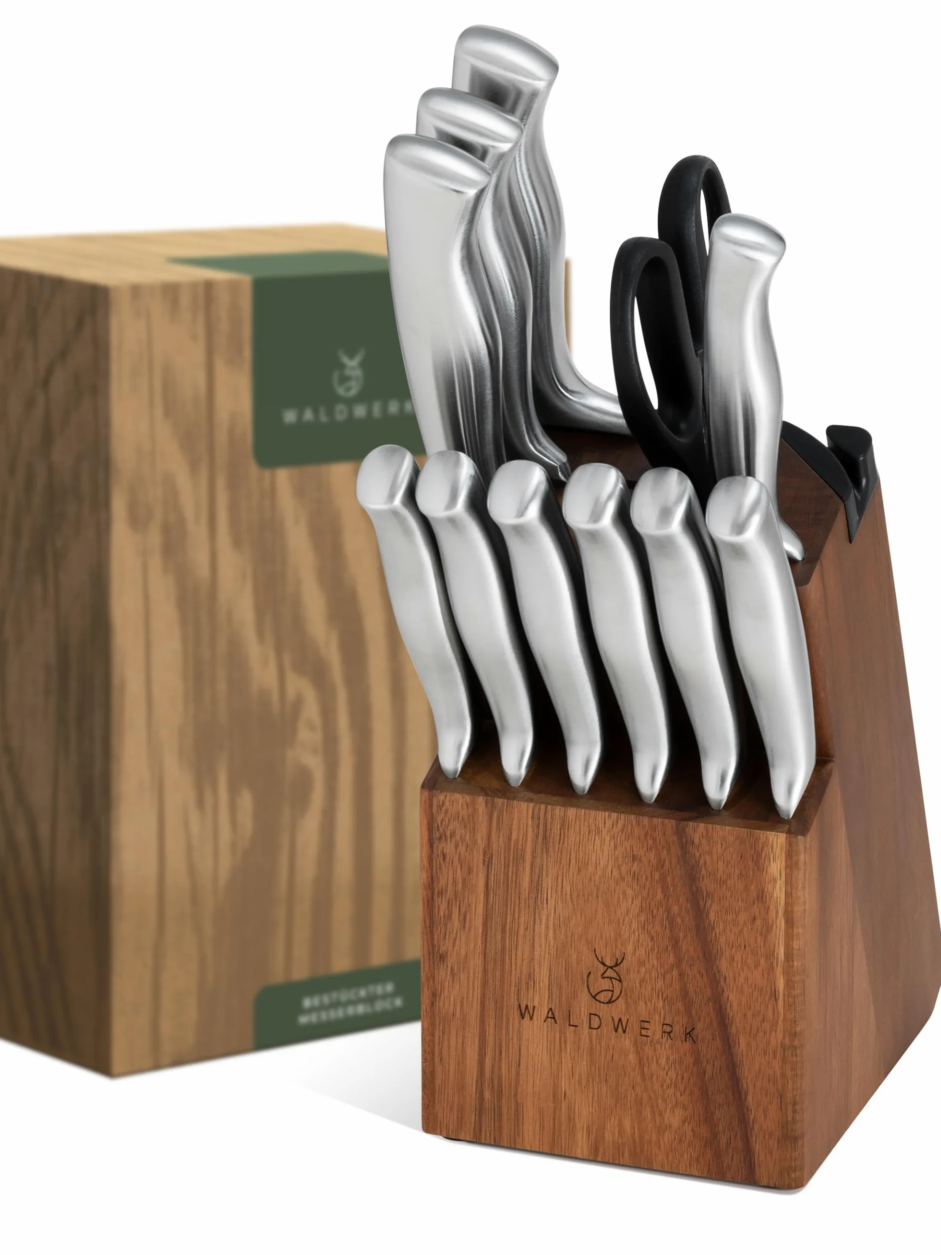 WALDWERK Ensemble de couteaux 11 pièces avec bloc et aiguiseur intégré - Couteau à steak - Couteaux de cuisine
