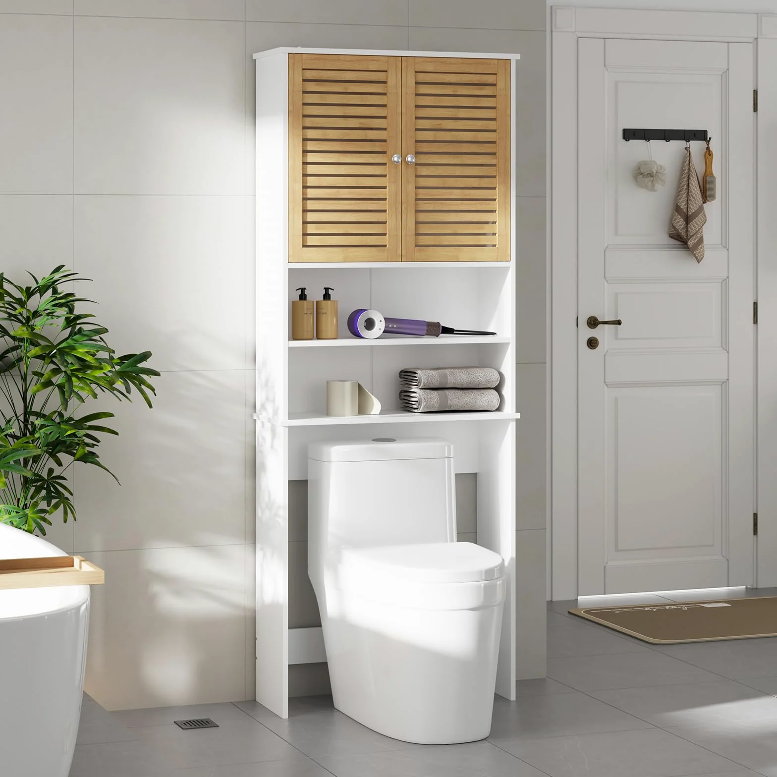 Meuble Machine à Laver, Armoire Dessus Toilette avec 2 Compartiments Ouverts, Espace Derrière 2 Portes en Bambou, Meuble WC Rangement avec Étagère Réglables, 185,5 x 65 x 24 cm