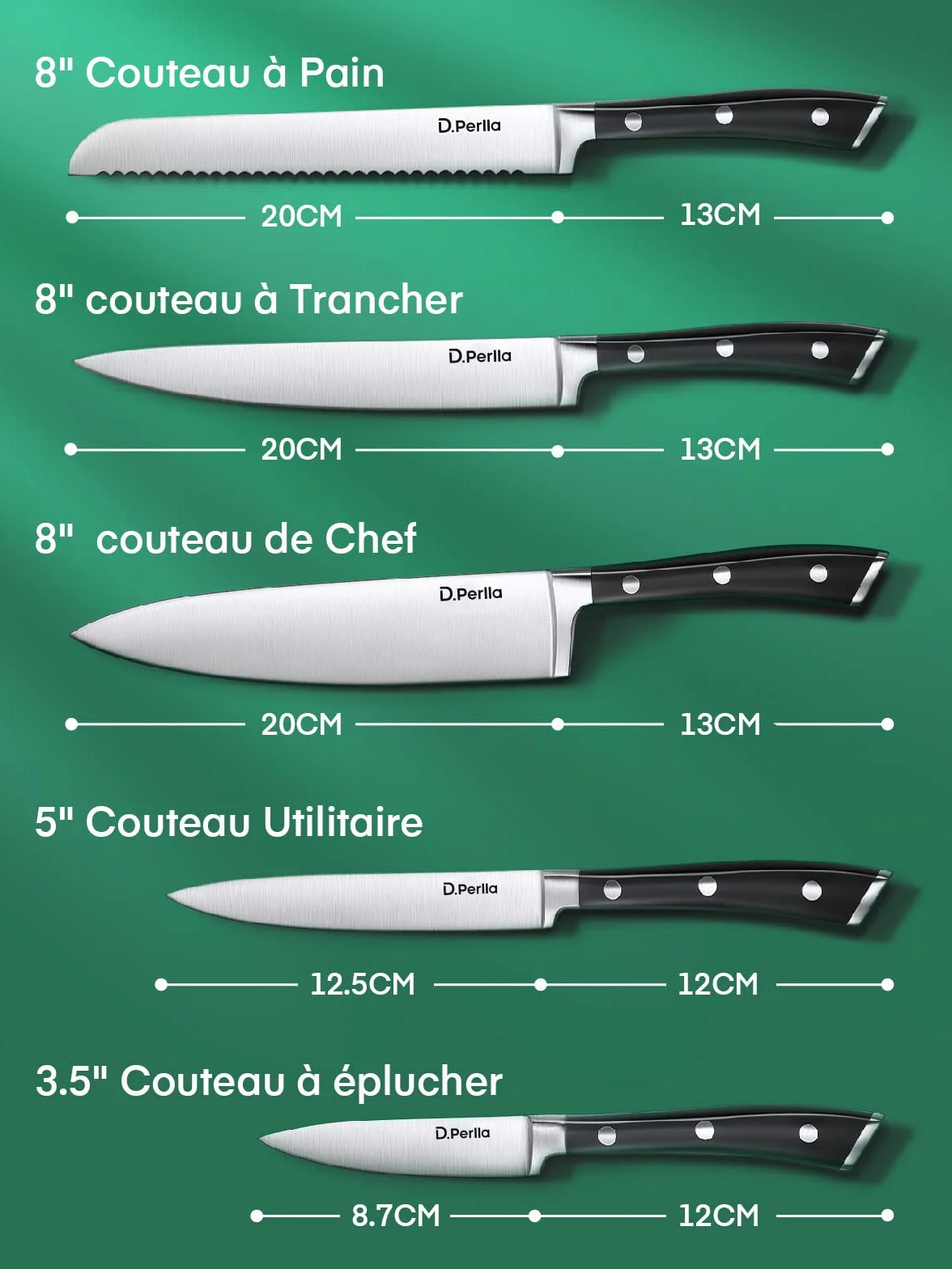 D.Perlla Couteaux de Cuisine, 6 Pièces Set Couteau Cuisine en Allemagne Acier Inoxydable, Ensemble de Couteaux Professionnels, Bloc de Bois, Super Aiguisé