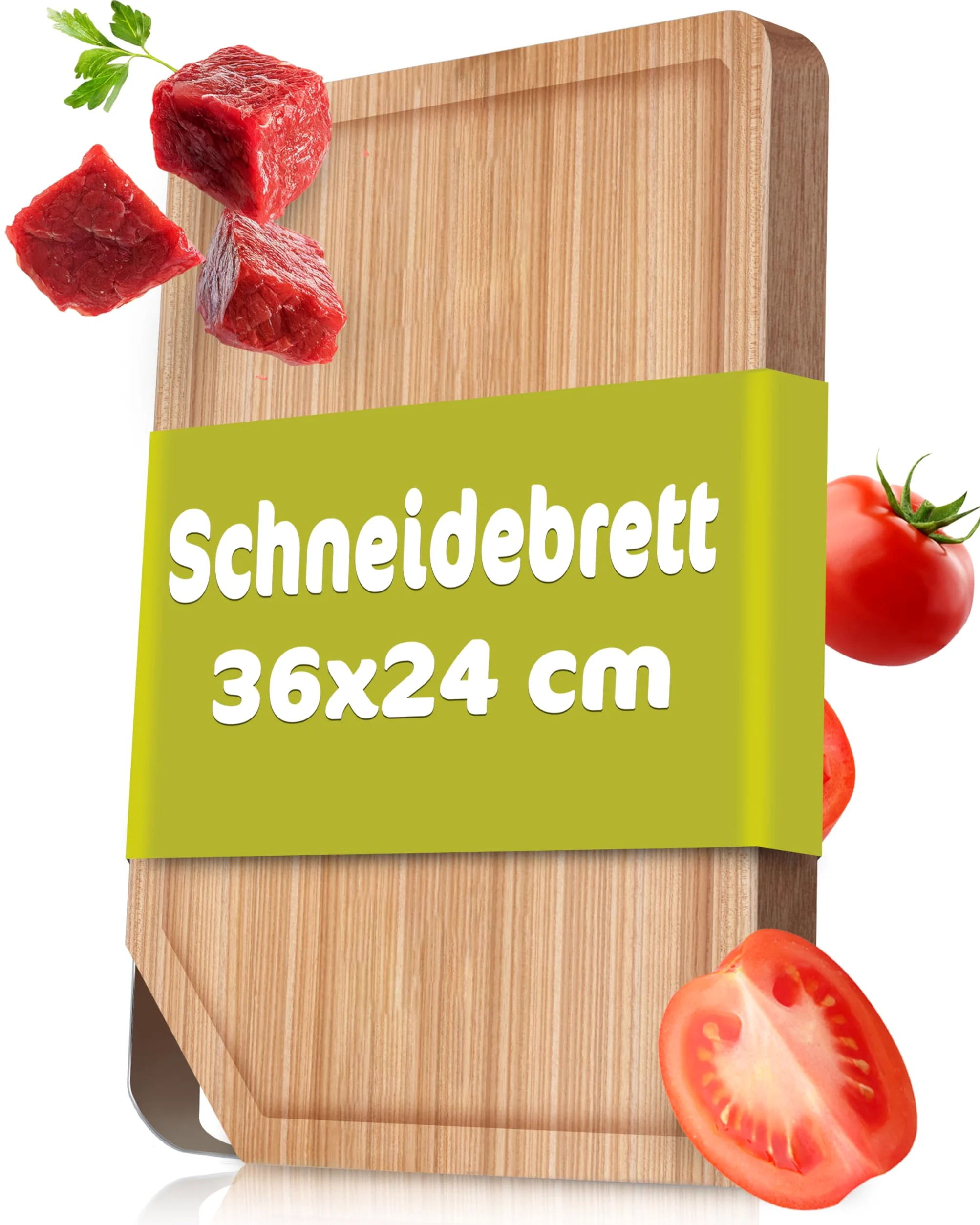 RÖSLE Planche à découper, support de découpe de haute qualité pour la cuisine pour une utilisation universelle, planche à servir, bois d'orme, acier inoxydable 18/10, 36 x 24 cm