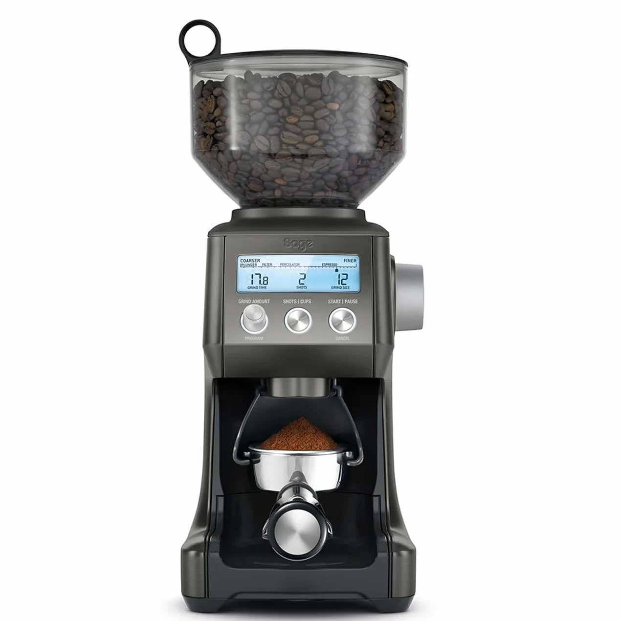 Sage - The Smart Grinder Pro - Moulin à Café à Meules Coniques - Programmable, Automatique, Personnalisé - 60 Réglages, 165W, Inserts Porte-Filtre Inclus - Acier Inoxydable Noir