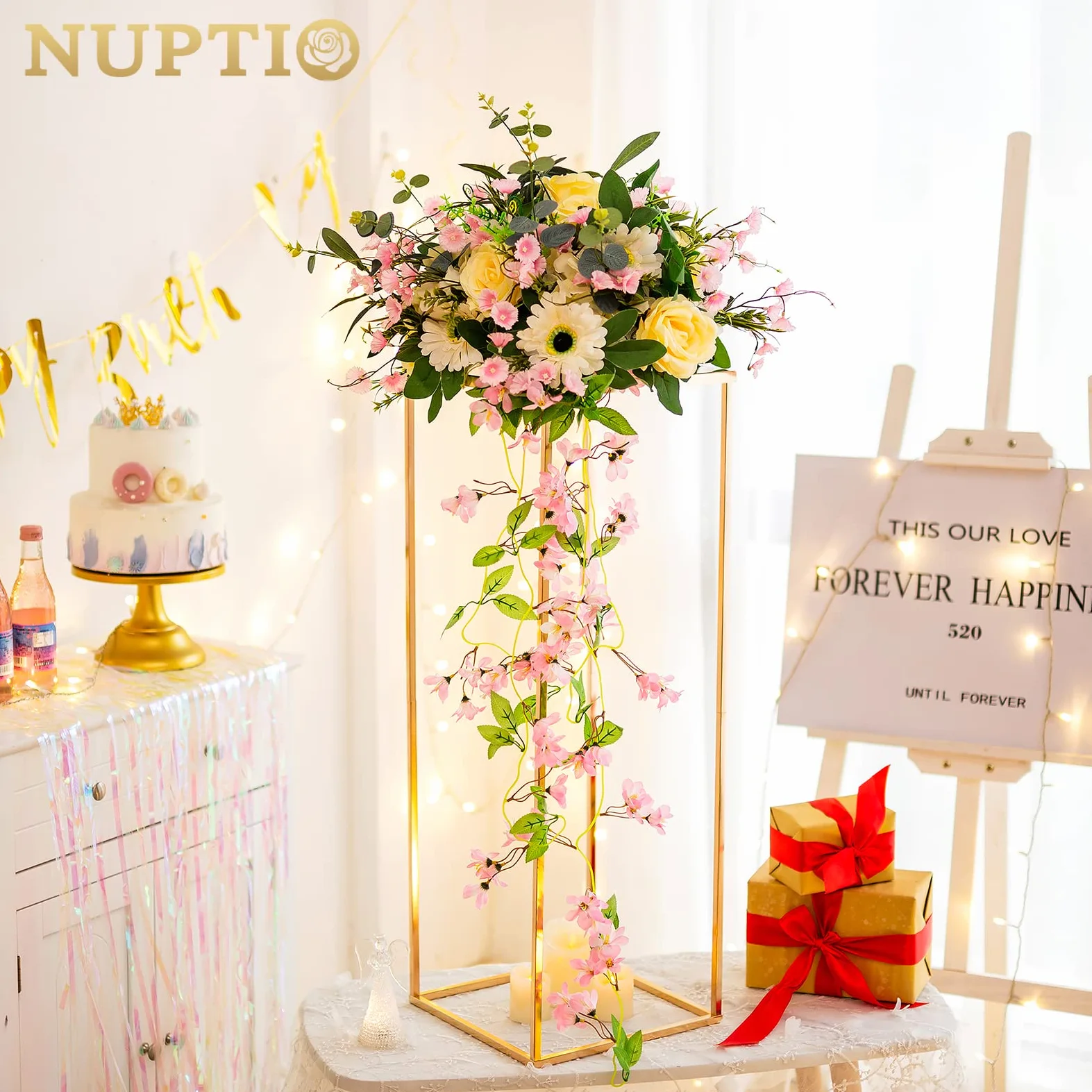 Nuptio Vase d'or pour Centre de Table de Mariage 2 Pièces Vases 80cm Haut pour Fleurs Métal pour Tables Fête Décorations Élégant Vrac Mariage Centre Table Géométrique Colonne Présentoir