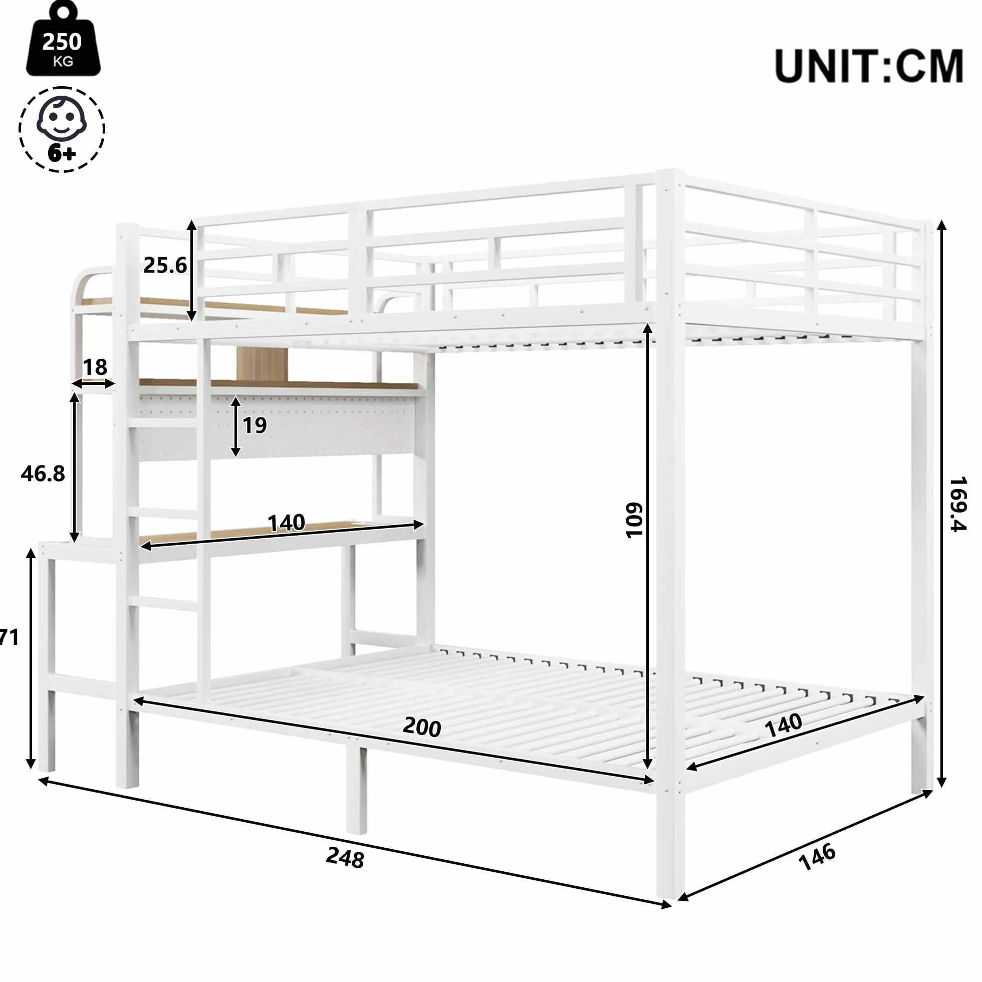 Zepneiy Lit Enfant avec Barre Lumineuse LED et Port USB, Lit Superposé Enfant 140x200 avec échelle de sécurité et Compartiment de Rangement, Cadre de en Fer Blanc(sans Matelas)