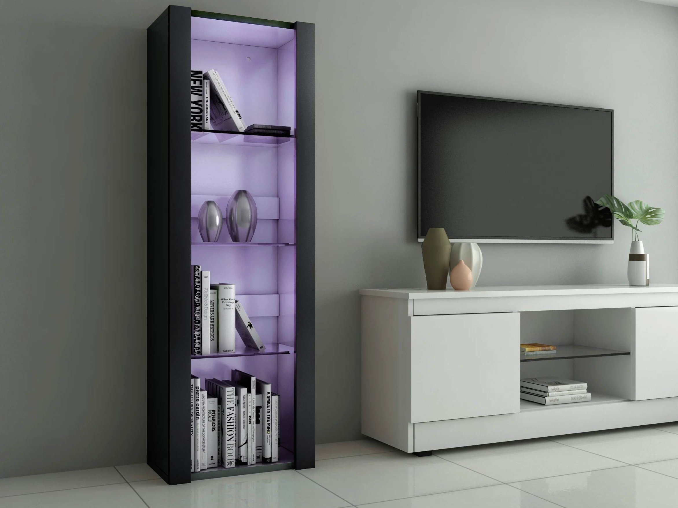 Panana Vitrine Lumières LED Meuble de Rangement avec Etagères sur Salon, Bureau, 55 x 35 x 166 cm (Noir)