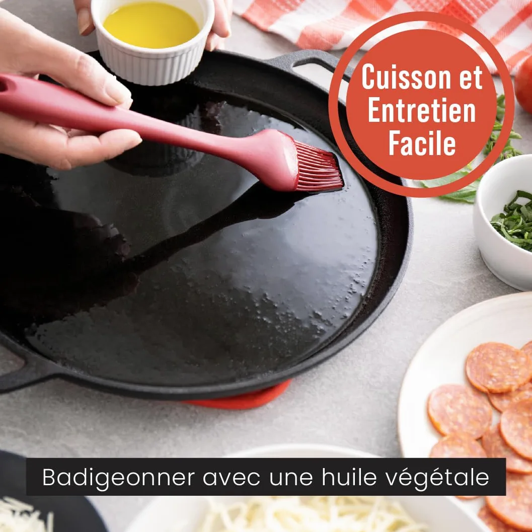 Chef Pomodoro - Plaque Pizza Four avec Poignées - Poêle En Fonte Antiadhésif pour Cuisinière, Four, Bbq, Feu de camp - Assiette a Pizza et Plaque de Cuisson pour Préparer, Griller, 30 cm