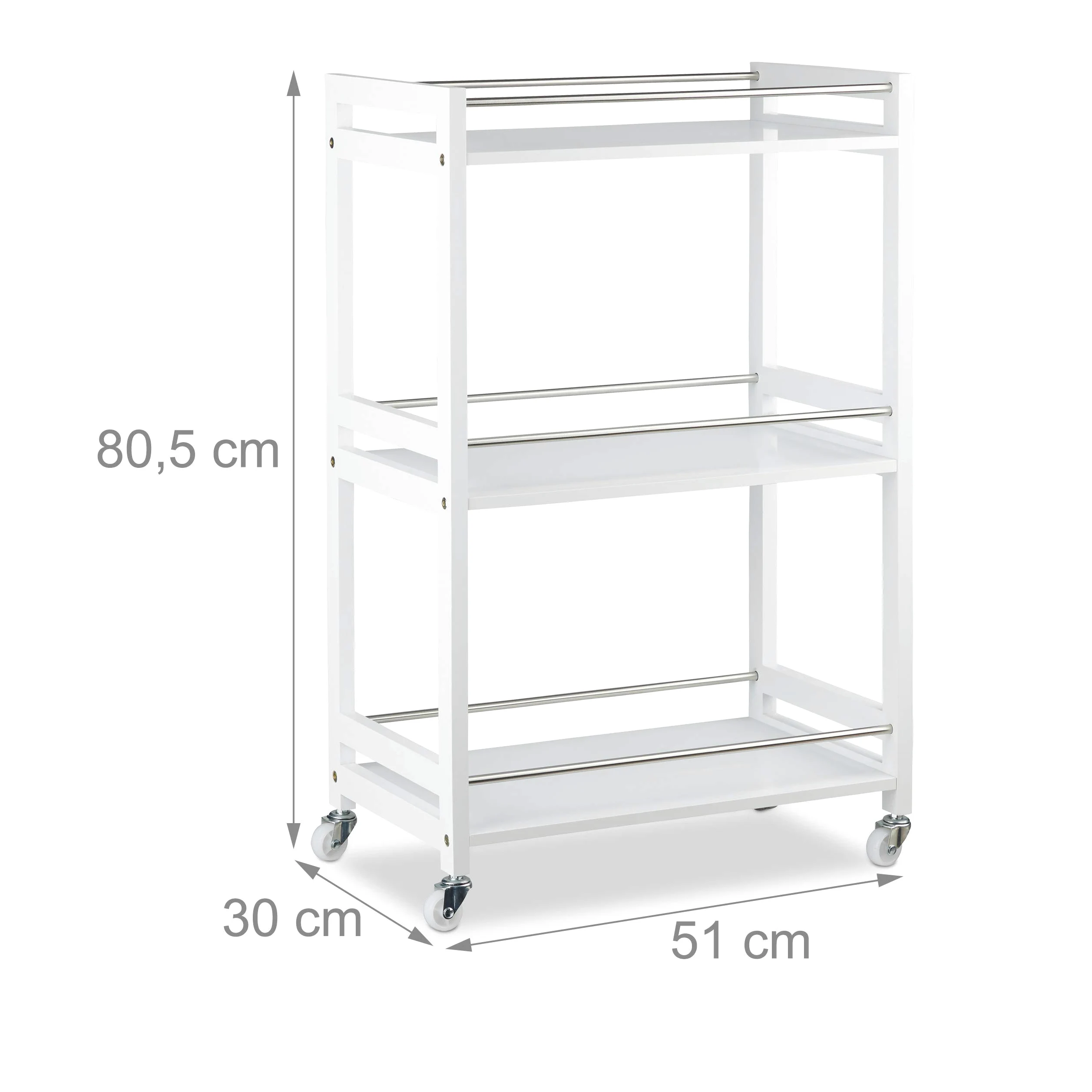 Relaxdays Blanc, Desserte de Cuisine Bambou, 3 étages, Chariot de Service, roulettes, îlot, 80,5 x 51 x 30 cm, MDF, Acier