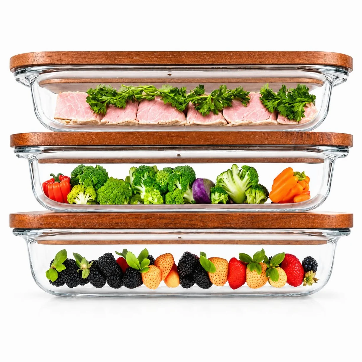 GUTHE Lifestyle Lot de 3 boîtes à charcuterie en verre pour réfrigérateur, empilables, avec couvercle en acacia, plat à gratin et rangement de saucisses et fromage