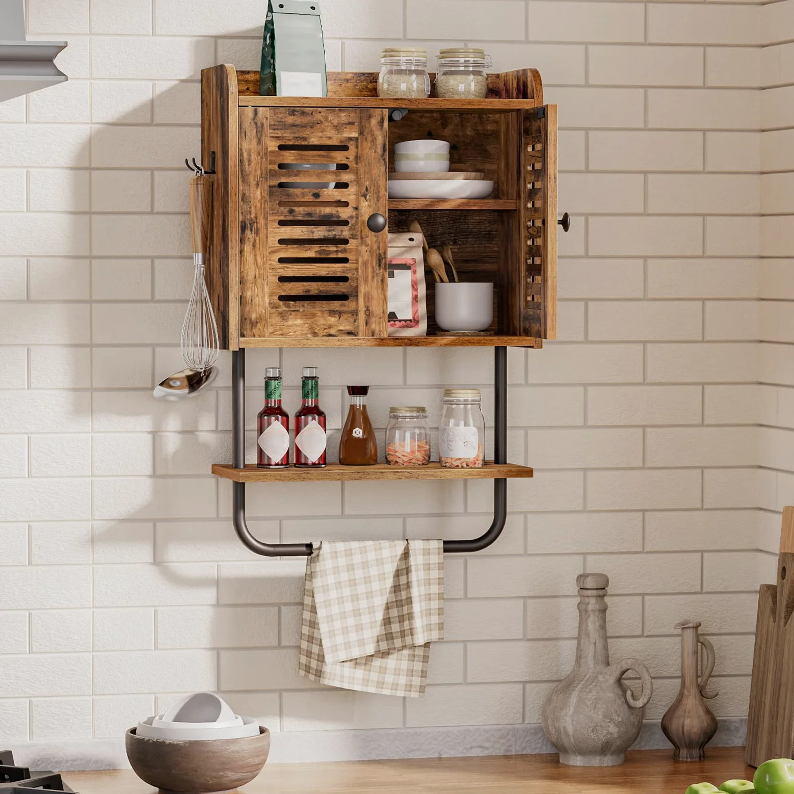 HOOBRO Armoire à Pharmacie, Armoire Murale pour Salle de Bains, Placard de Rangement, Meuble de Cuisine avec Volets, Plateau réglable, 2 Crochets, pour Salle de Bains, Marron Rustique EBF46CW01