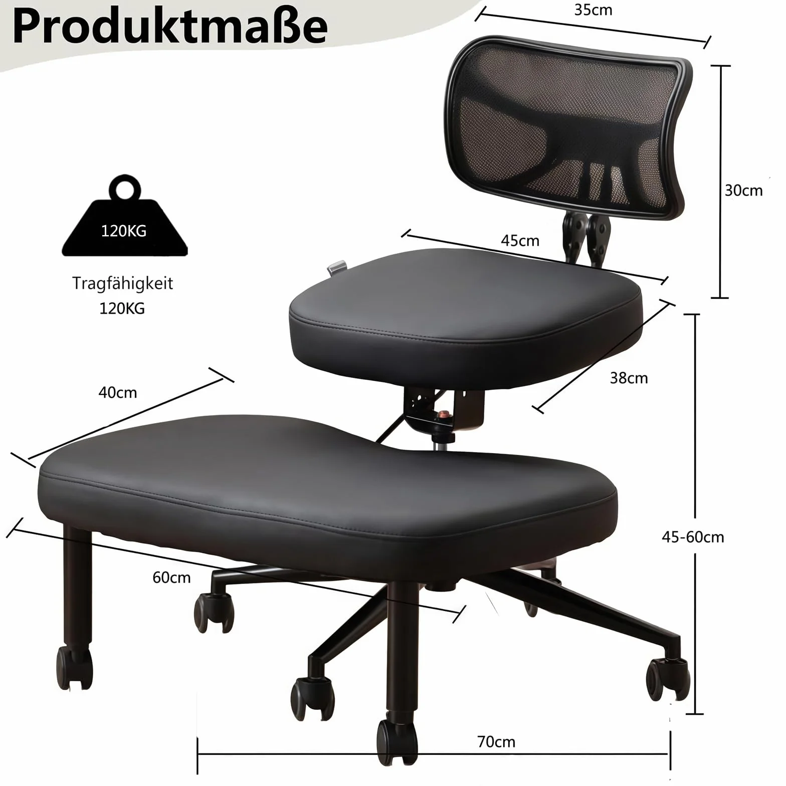 Chaise croisée avec roues, chaise à genoux polyvalente avec support arrière, tabouret réglable avec siège incliné pour une meilleure posture, coussins épais et confortables, noir