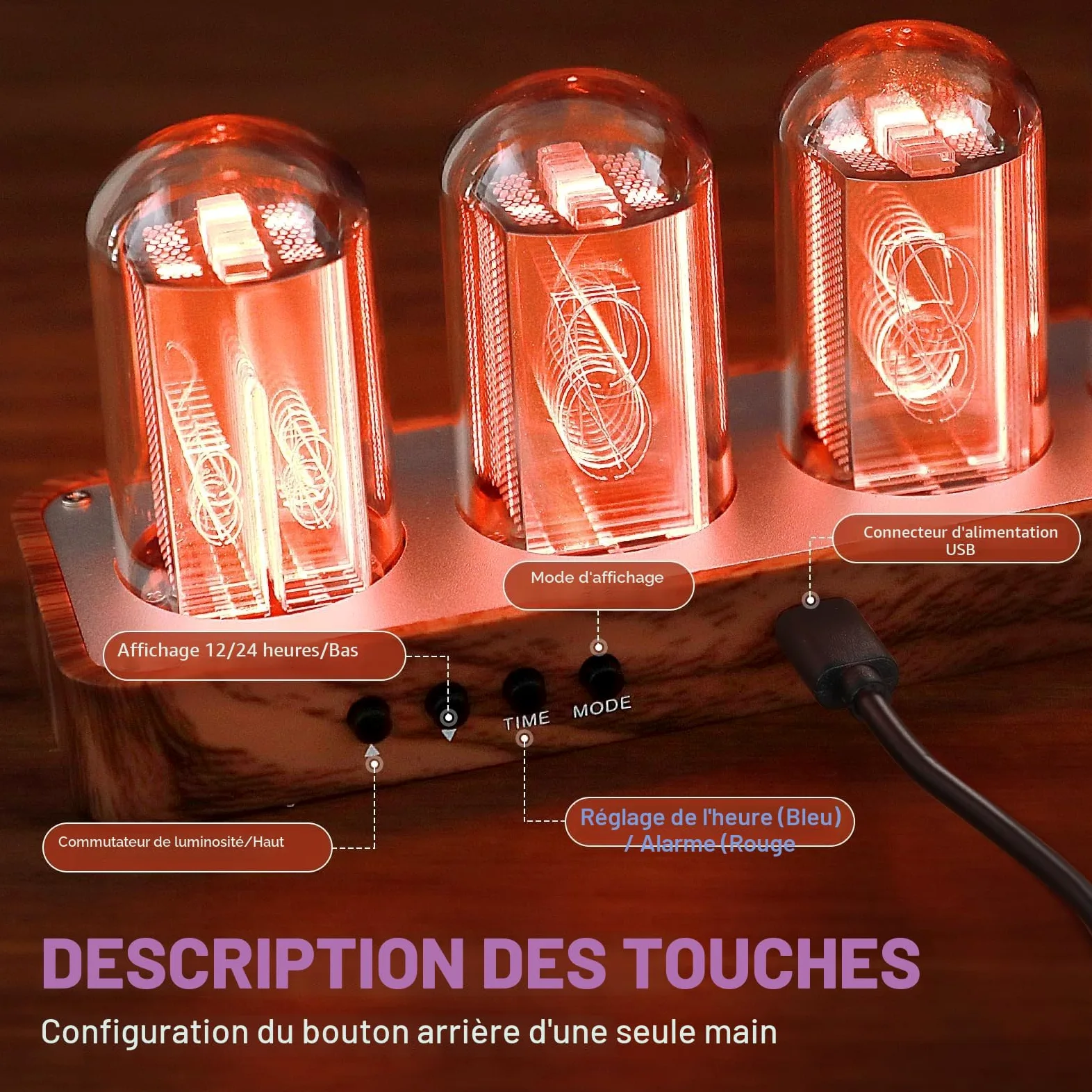 ClocTeck Horloge Nixie à tube numérique en bois Affichage 12/24h Alarme facilement réglable Décor pour bureau et chambre