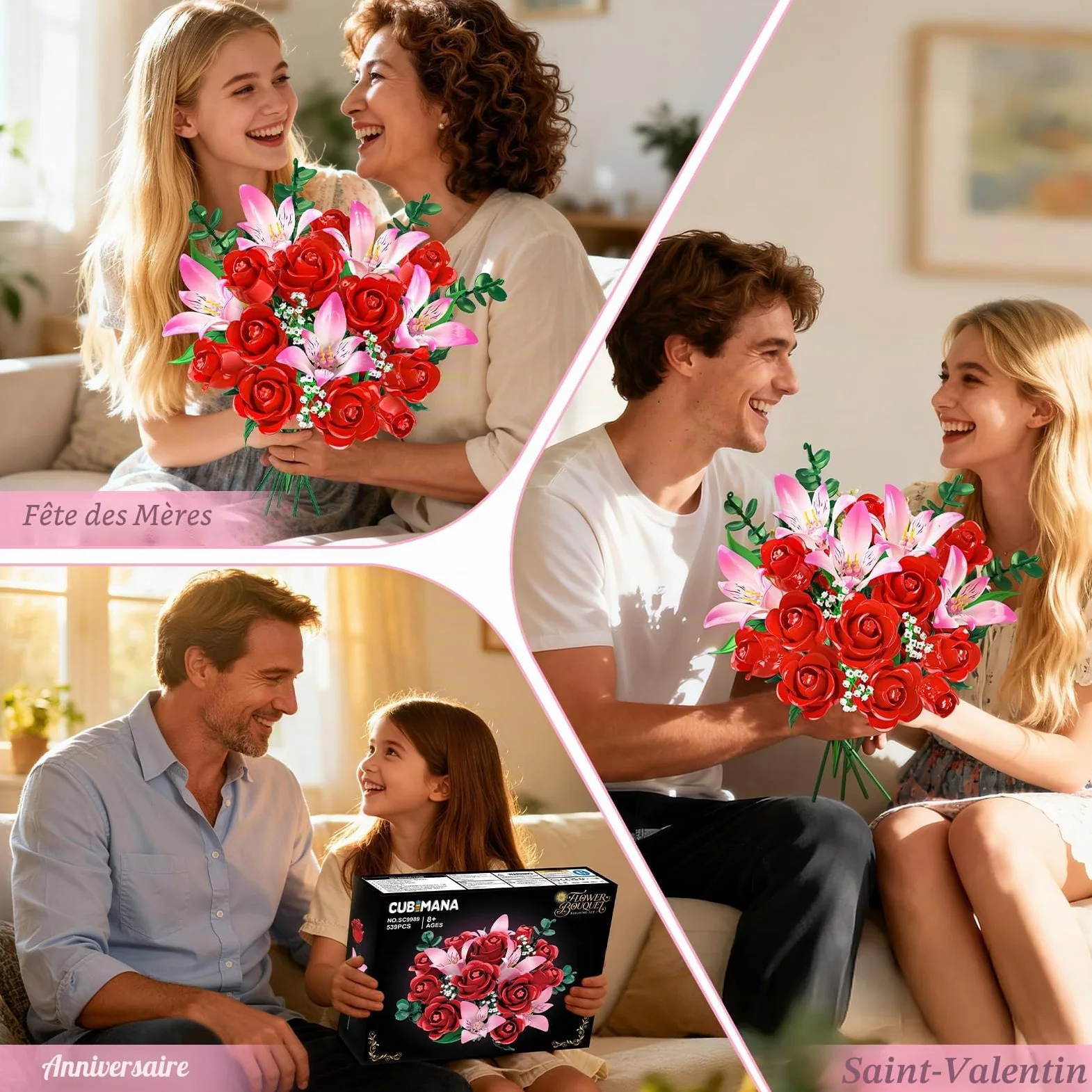 CUBIMANA Kit de Bouquet Fleurs avec LED - Roses Rouges et alstroemères Roses, Collection botanique 22 Fleurs artificielles, décoration Plante intérieure, Cadeau pour Femmes/Adultes