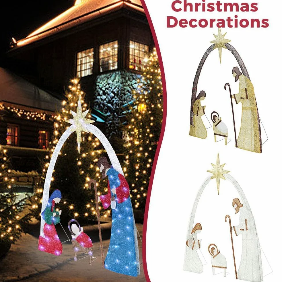 Crèche de Noël Lumineuse d'Extérieur 1,5 m, Décoration pour Cour Familiale, Ensemble Sainte Famille avec Piquets pour Pelouse