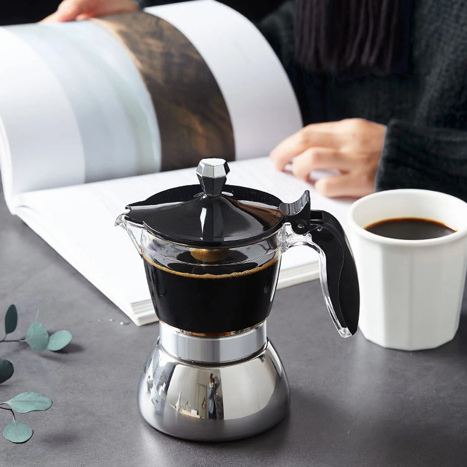 6 Tasses Cafetière en Acier Inoxydable, Cafetière Italienne Octogonale de Brassage de Café Moka
