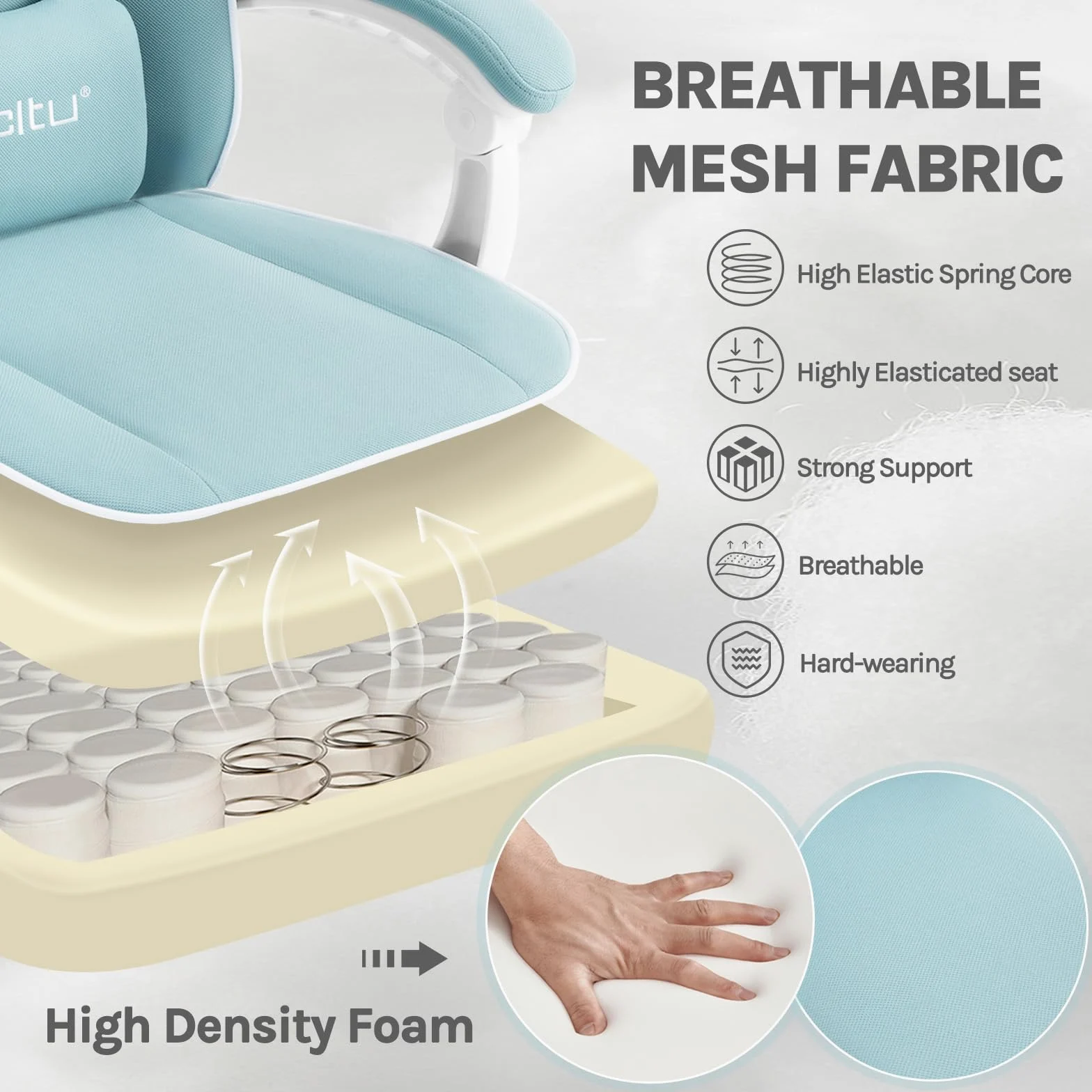 WOLTU Chaise Gaming, Fauteuil Gaming, avec Coussin à Ressorts Ensachés, Chaise Ergonomique, Charge 150kg, Appui-tête, Support Lombaire, Repose-Pieds, Tissu Maille, Bleu Clair