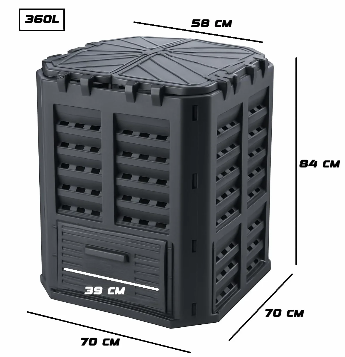 Composteur de Jardin 360L - Conteneur à Compost avec Base - Composteur Thermique en Plastique Noir - Compost - Composteur Thermique - Composteur de Jardin - Composteur