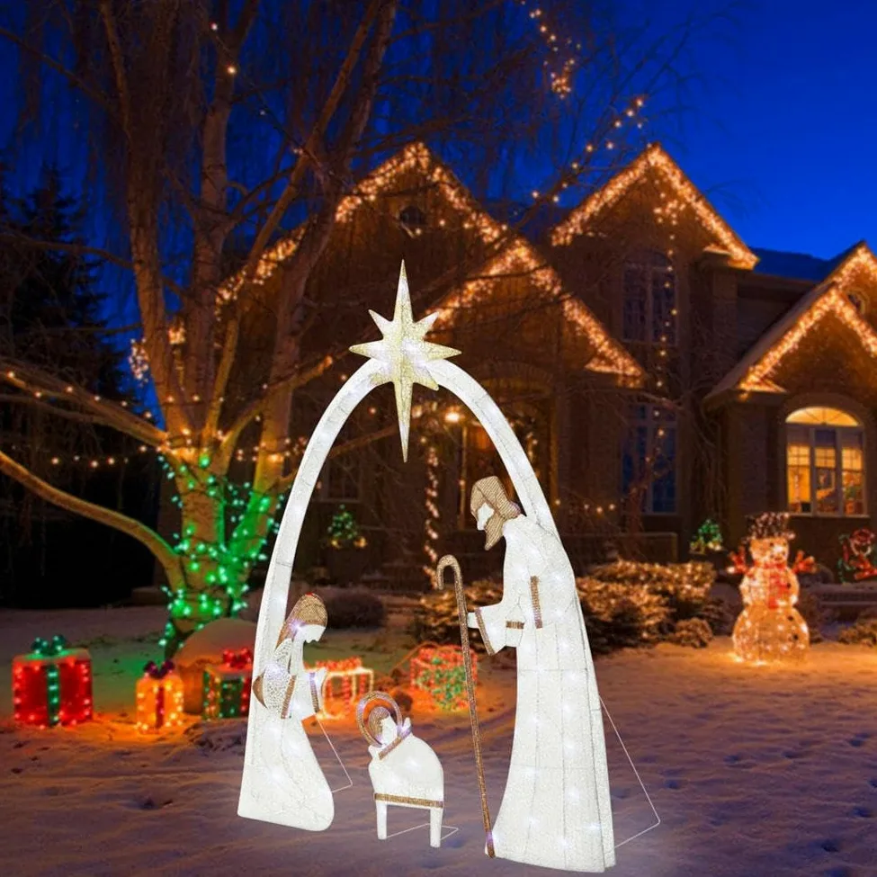 Crèche de Noël Lumineuse d'Extérieur 1,5 m, Décoration pour Cour Familiale, Ensemble Sainte Famille avec Piquets pour Pelouse