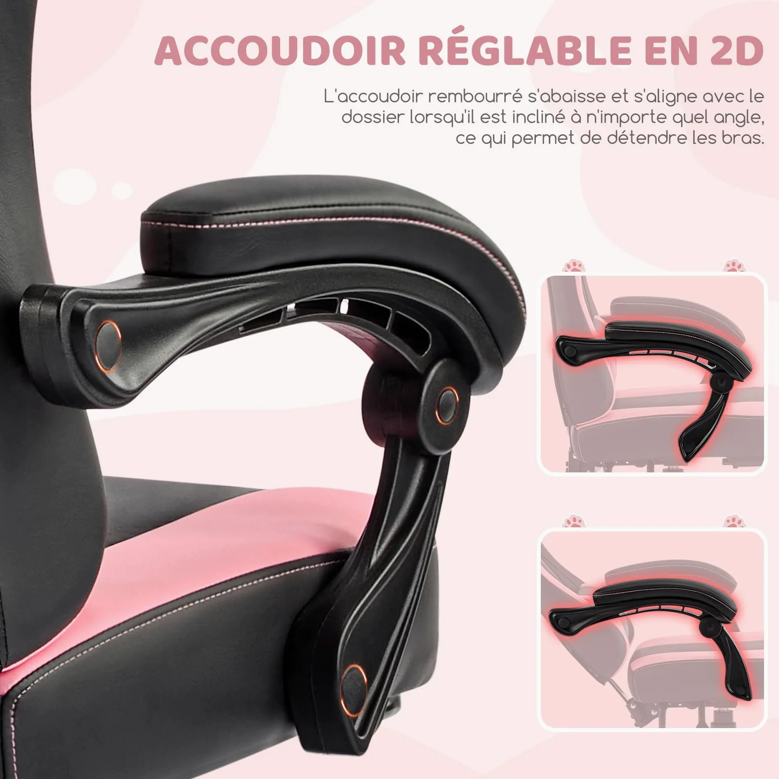 Hellove Chaise Gaming Ergonomique, Fauteuil Gamer avec Repose-Pieds Rétractable, Coussin Lombaire et Oreilles de Chat, pour Filles, Adolescents, Enfants, Cuir PU, Noir et Rose