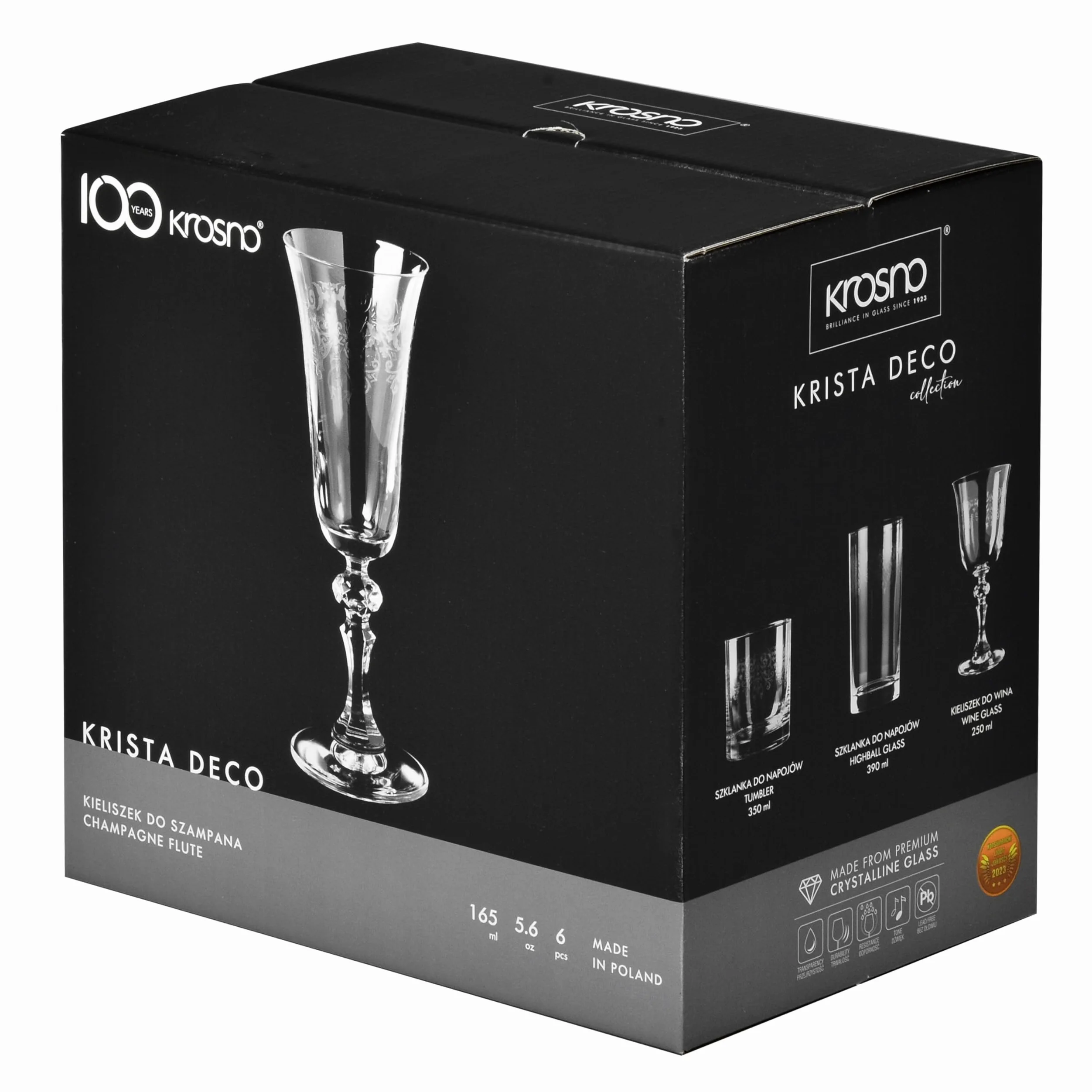 Krosno – Flûtes à Champagne et Prosecco 165 ml – Lot de 6 – Collection Krista Deco – Cristal Sans Plomb – Design Classique avec Motif Transparent