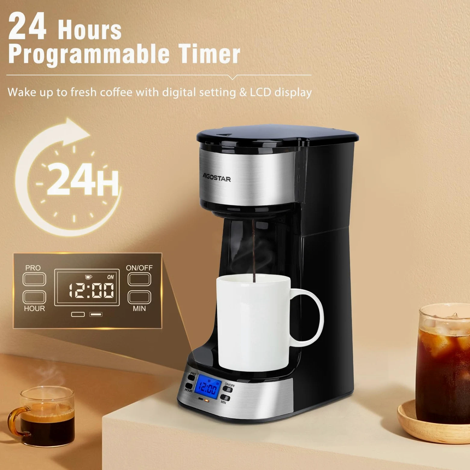 Aigostar - Cafetière Filtre avec 1 tasse isotherme Programmable 24h, Affichage LCD, Machine à café avec Gobelet de voyage de 420 ml et filtre à café réutilisable, 700W, Noir