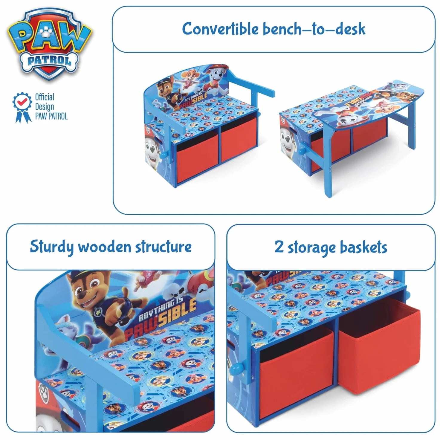 Banc à Jouets 3 en 1 en Bois modèle Paw Patrol