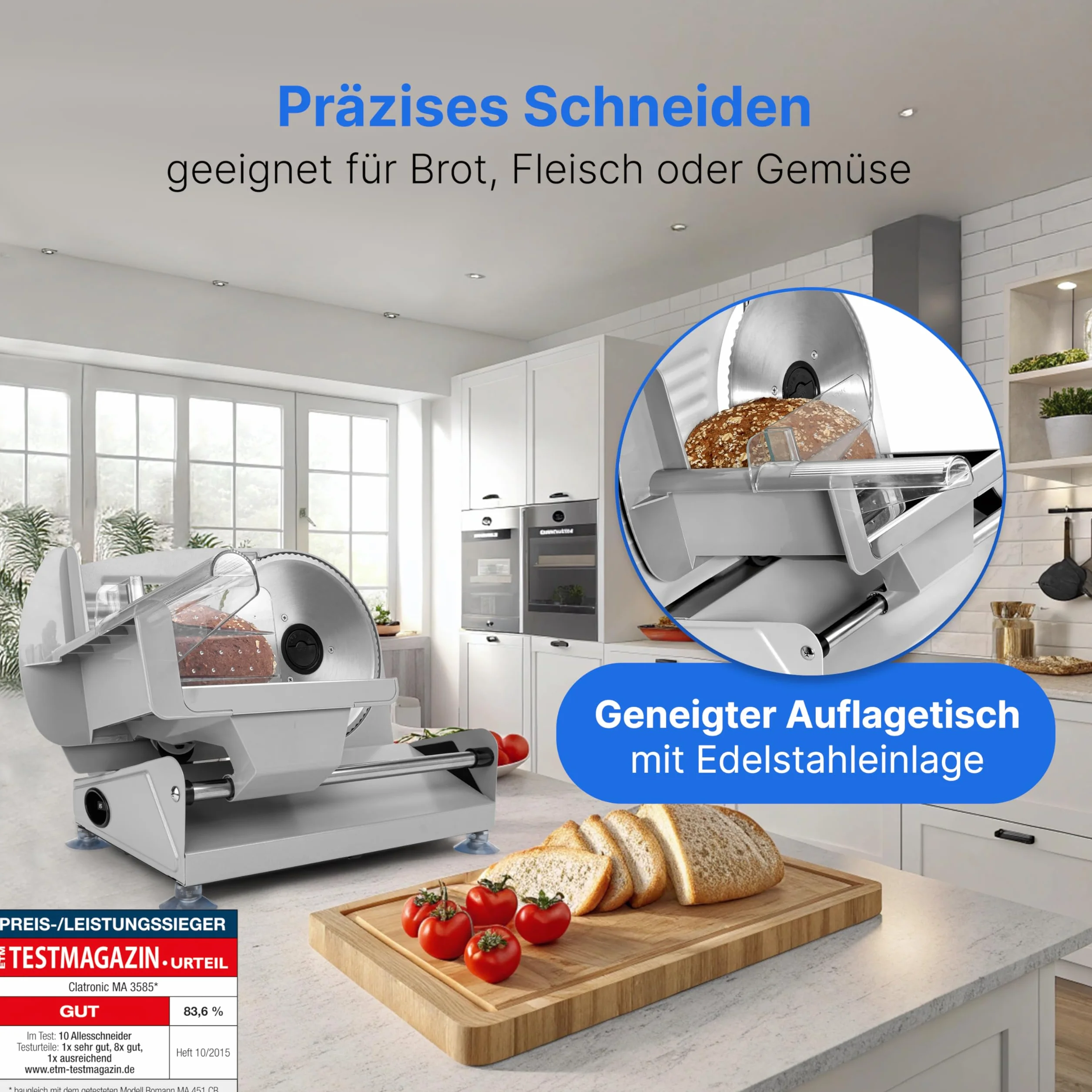 Clatronic Trancheuse universelle avec lame en acier inoxydable Ø 190 mm | Trancheuse à pain électrique | Épaisseur de coupe réglable (0-15 mm) | Trancheuse avec boîtier métallique | 150W | MA 3585