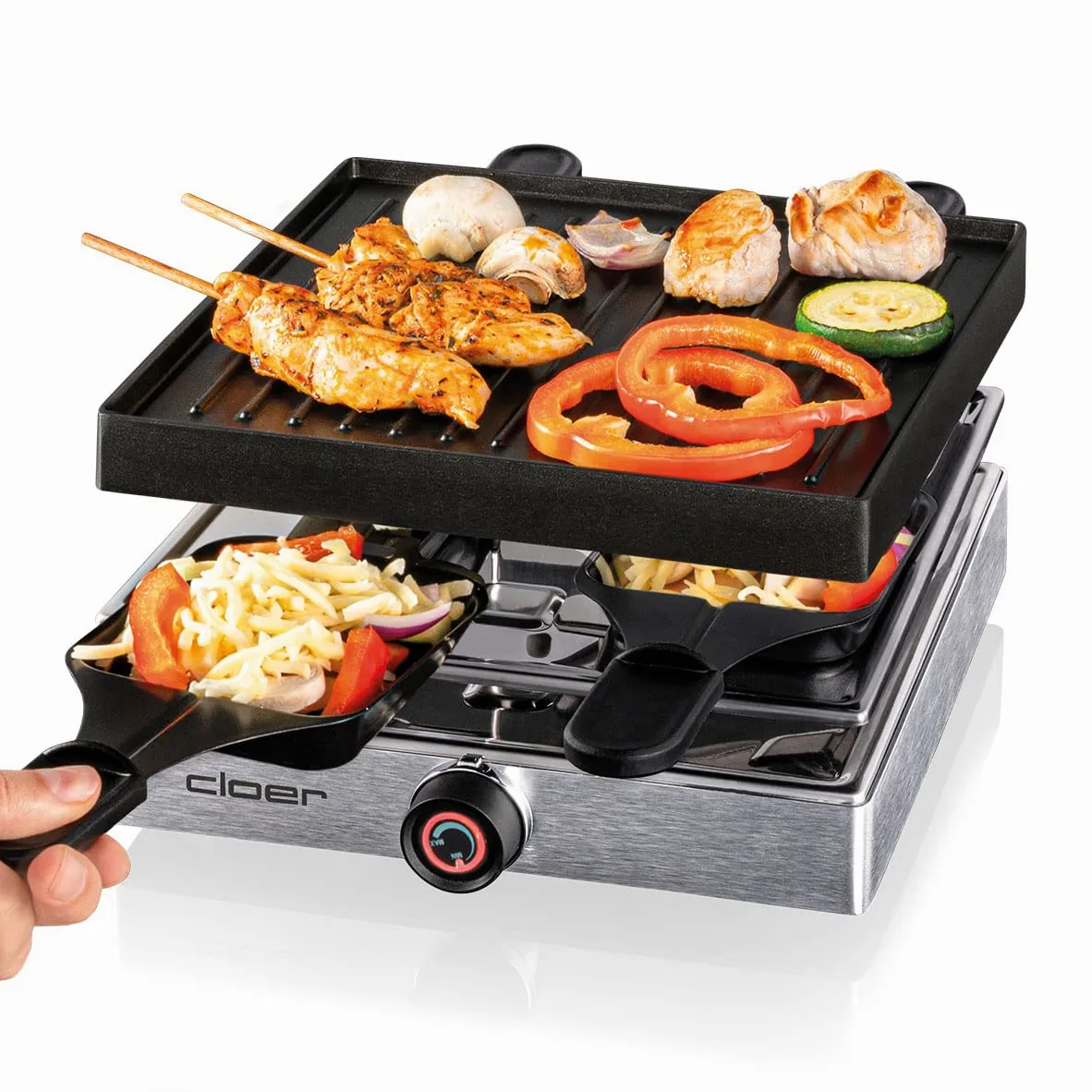 Cloer 6454 Raclette gril avec plaque en aluminium moulé sous pression, 4 poêlons à raclette antiadhésifs, spatule en plastique, emplacement de stationnement non chauffé, 750 W, aluminium