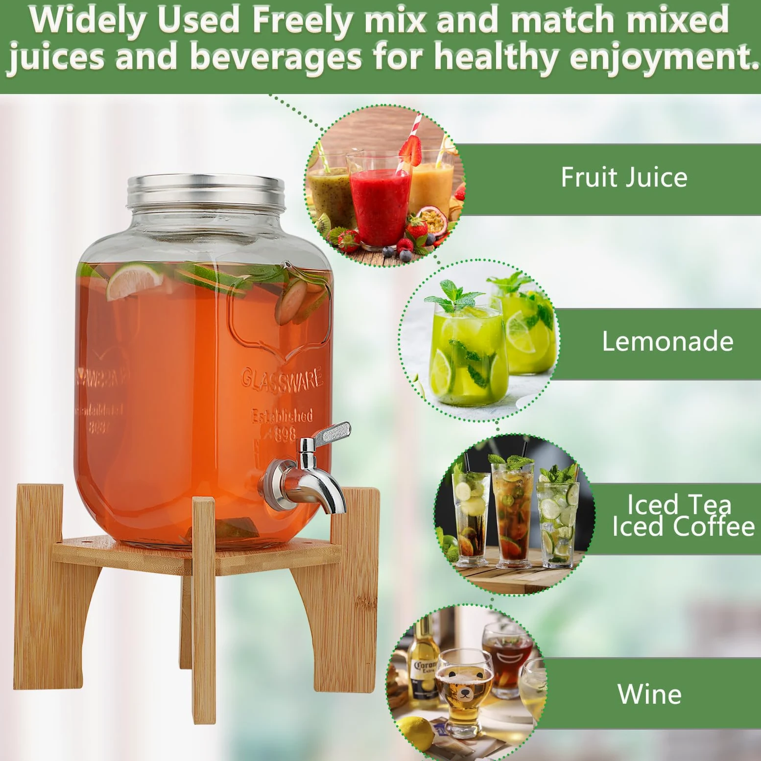 4L Distributeur de Boissons en Verre avec Robinet Support, bonbonne de Jus de Fruits avec robinet pour BBQ, jarre cocktail, fêtes à la piscine et réunions de famille pendant les vacances