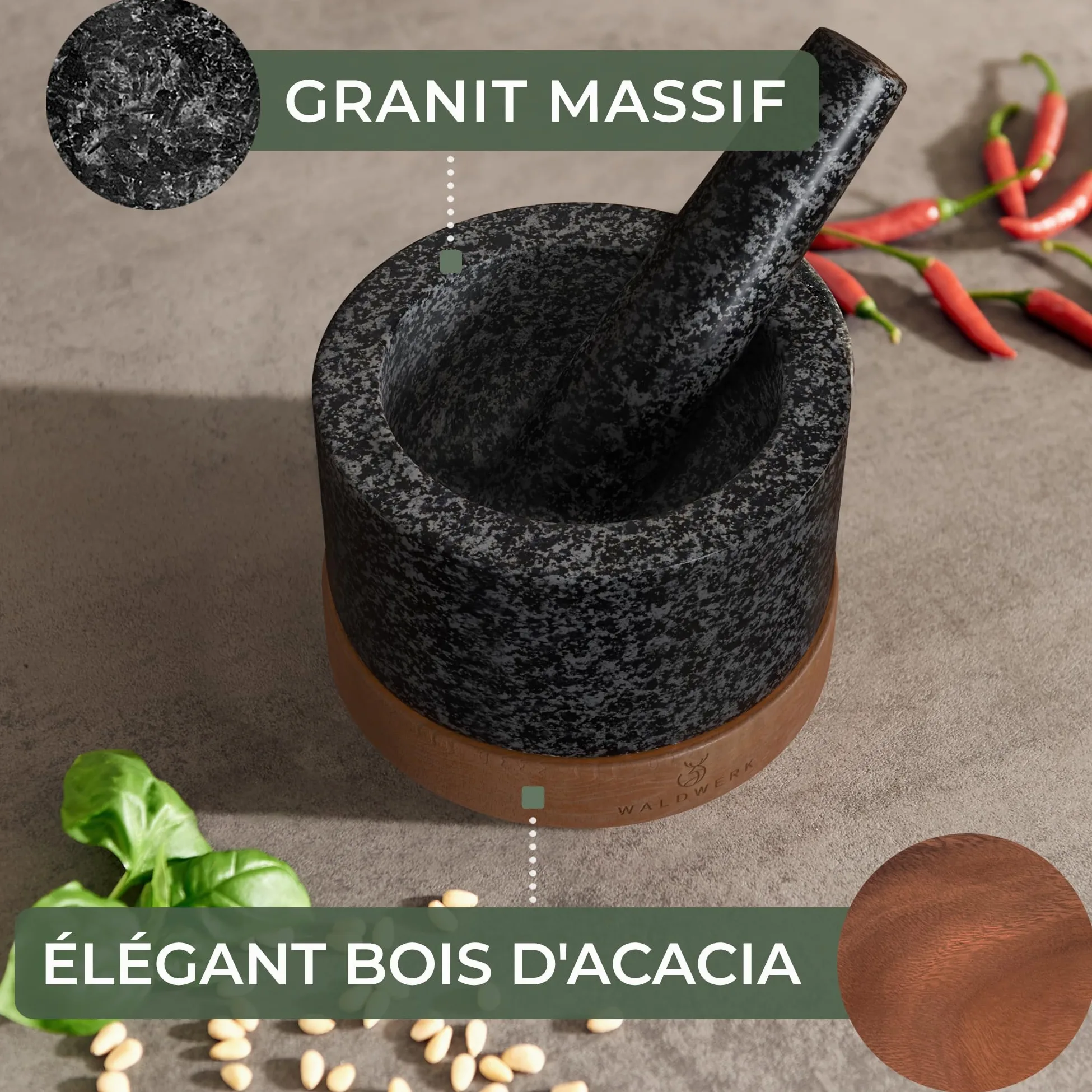 WALDWERK Mortier avec Pilon pour Cuisine (diamètre de 12 cm) - Mortier avec Base en Bois d’Acacia Élégante et Solide - Pilon du Mortier Extra Long en Granit Naturel