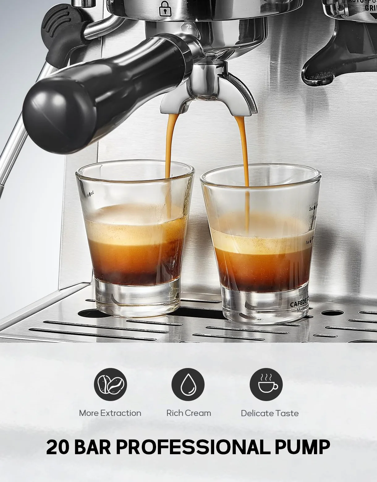 Reemix Machine à Expresso avec Porte-Filtre, Machine à Café 20 Bars avec Moulin Intégré et Mousseur à Lait, 1350 W, Réservoir de 2,8 l, Acier Inoxydable/Argenté, Kit Barista (54 mm Porte-Filtre)