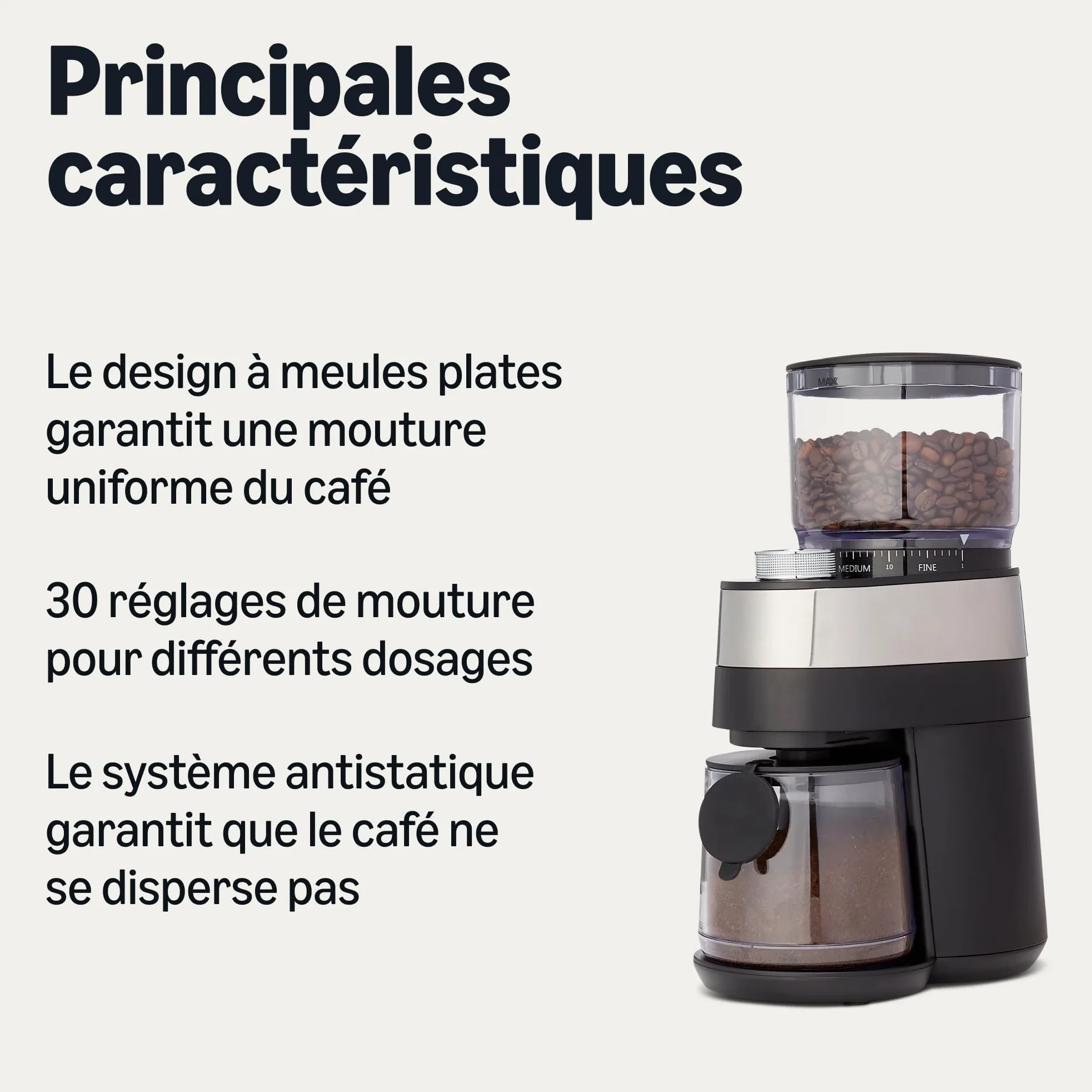 Amazon Basics Moulin à café électrique avec 30 réglages pour cafetière à piston, café filtre et espresso, noir