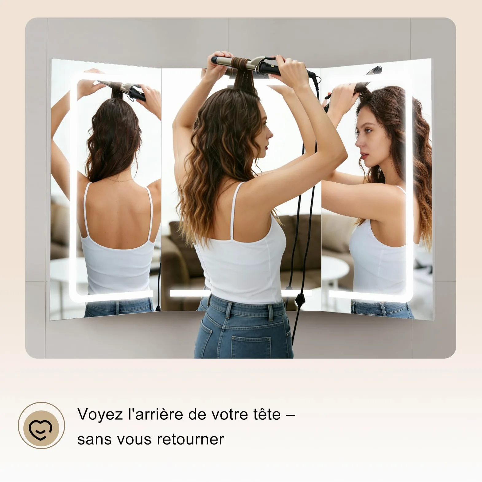 TRIUMPHKEY Armoire de Toilette avec Éclairage, 120 x 75 cm, Design Pliant 3 Panneaux, LED Dimmable, Charnières à Fermeture Douce, Anti-Buée, Prises Intégrées & USB, 5 Niveaux de Rangement