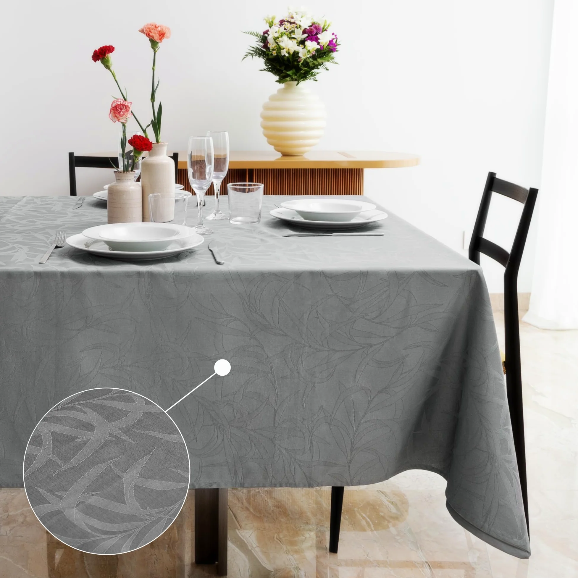 Ferò Nappe Rectangulaire 150x240cm, imperméable, Nappe de Table 100% Coton Pur, Élegant Motif Jacquard, Fabriqué en Italie, Lavable, Nappe Exterieur Impermeable Jardin, Nappe Anti Taches, Gris