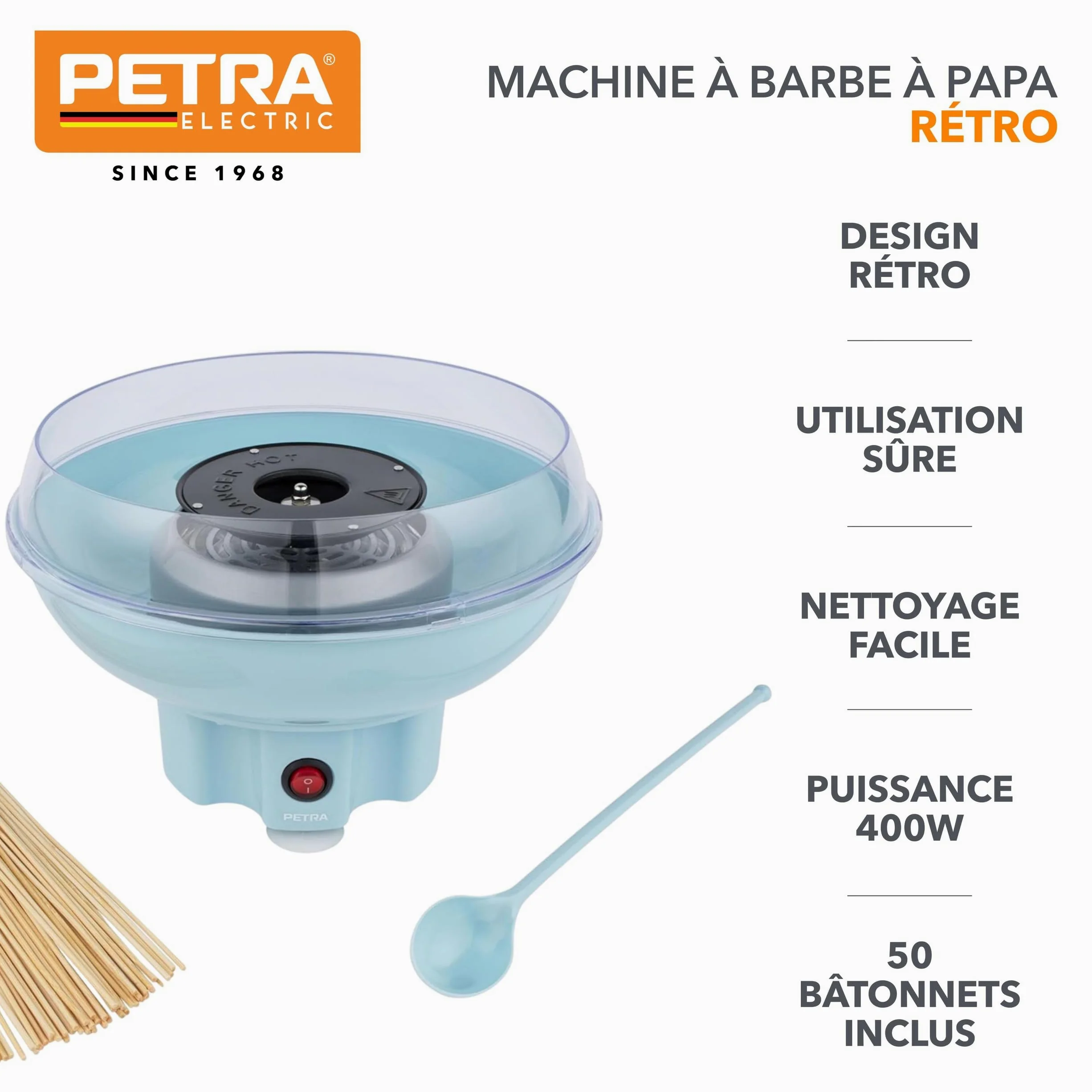 Petra Machine à Barbe à Papa, Sans BPA, 50 bâtonnets & cuillère doseuse Incluse, Utilisez du Sucre Ordinaire ou Bonbons Durs sans Sucre, Appareil Cotton Candy Bleu, Design Rétro , 400W