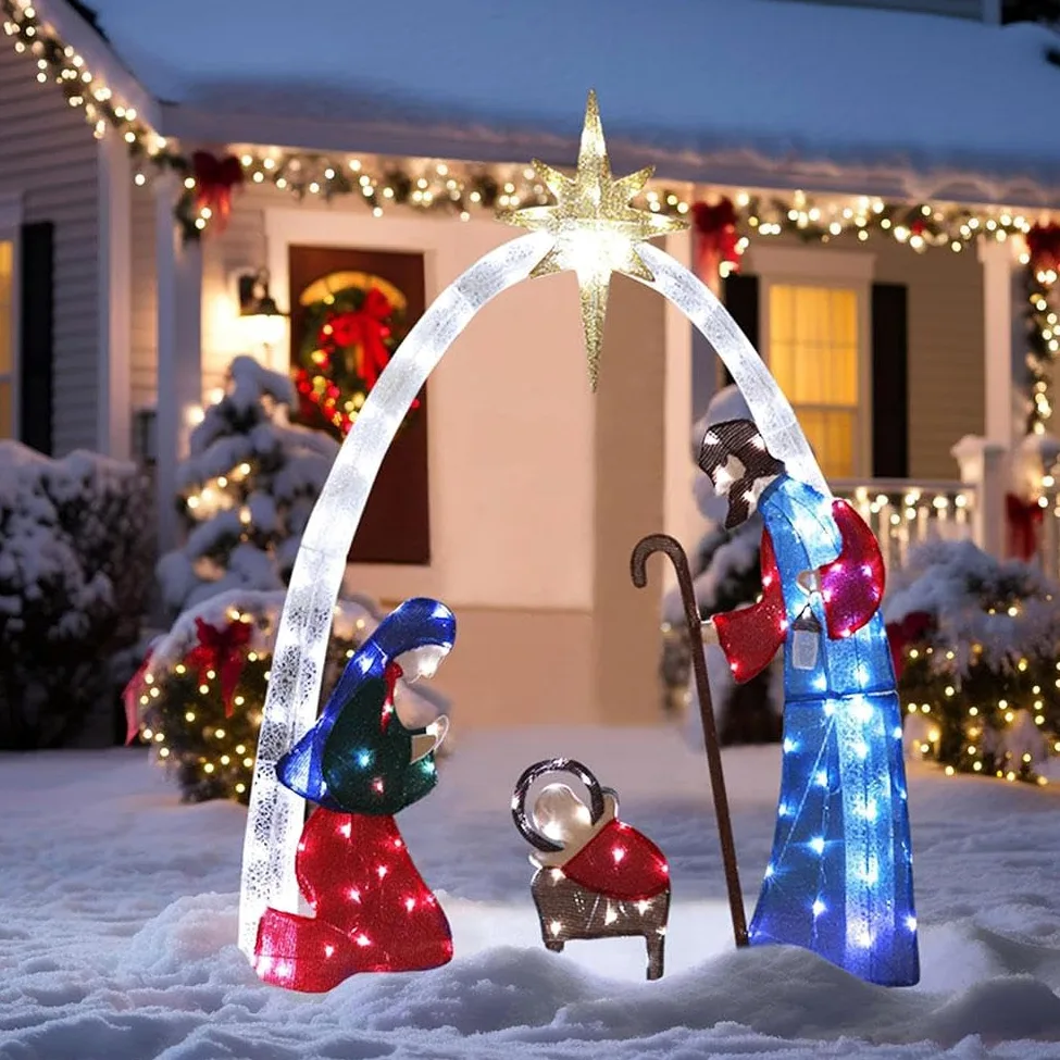 Crèche de Noël Lumineuse d'Extérieur 1,5 m, Décoration pour Cour Familiale, Ensemble Sainte Famille avec Piquets pour Pelouse