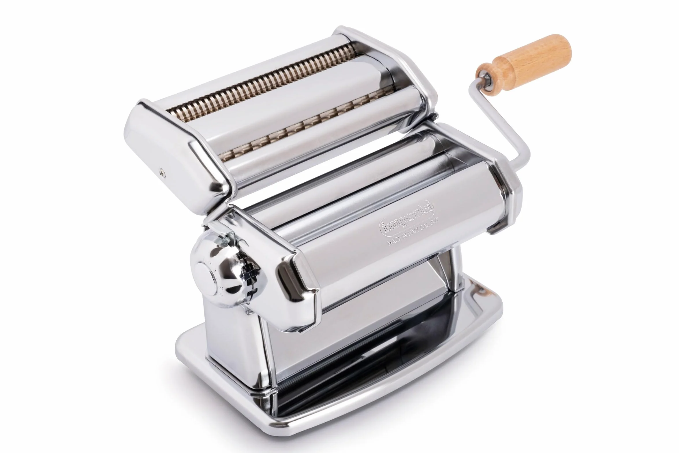 Imperia IPASTA Ligne Imperia. Machine à pâtes 100% fabriquée en Italie. Machine à pâtes fraîches en acier. Laminoir manuel à manivelle pour lasagnes, tagliolini et fettuccine. Chromé.