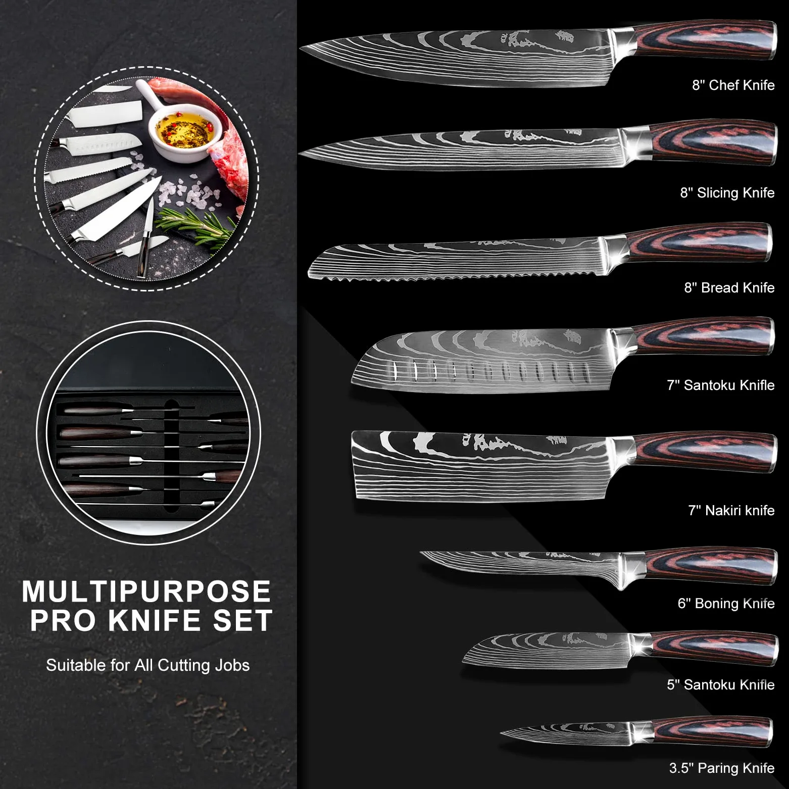 8 Pièces Couteau Cuisine Couteaux de Cuisine Ultra Sharp en Acier Inoxydable, Couteaux Japonais Professionnelle avec Poignée Ergonomique