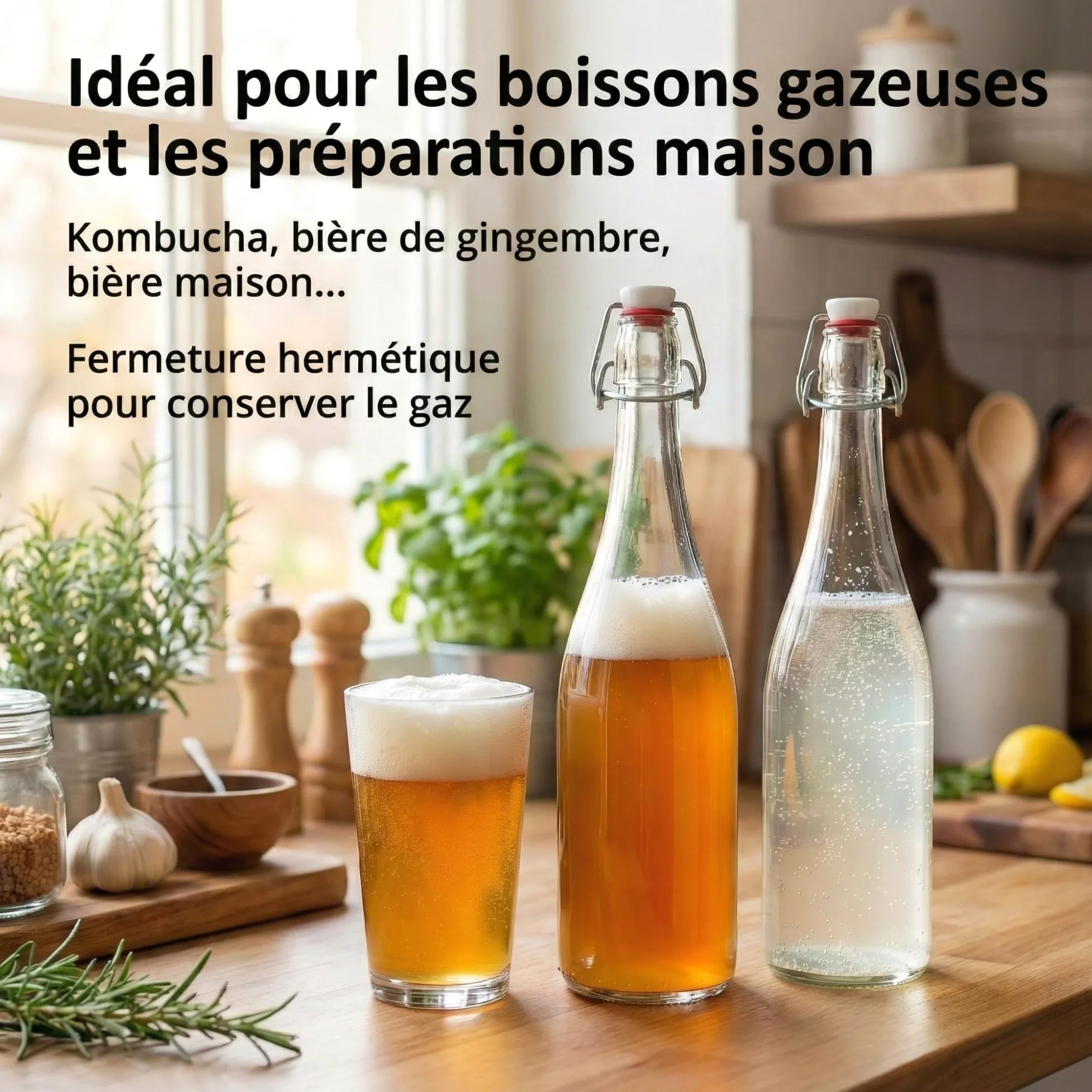 myFERMENTS Kit 6 Bouteilles 750ml en Verre Épais avec Bouchon Mécanique Hermétique | Set Complet Fermentation Bière Kombucha Kéfir Huile | Entonnoir 10cm, Tissu 50x50cm, Joint Porcelaine