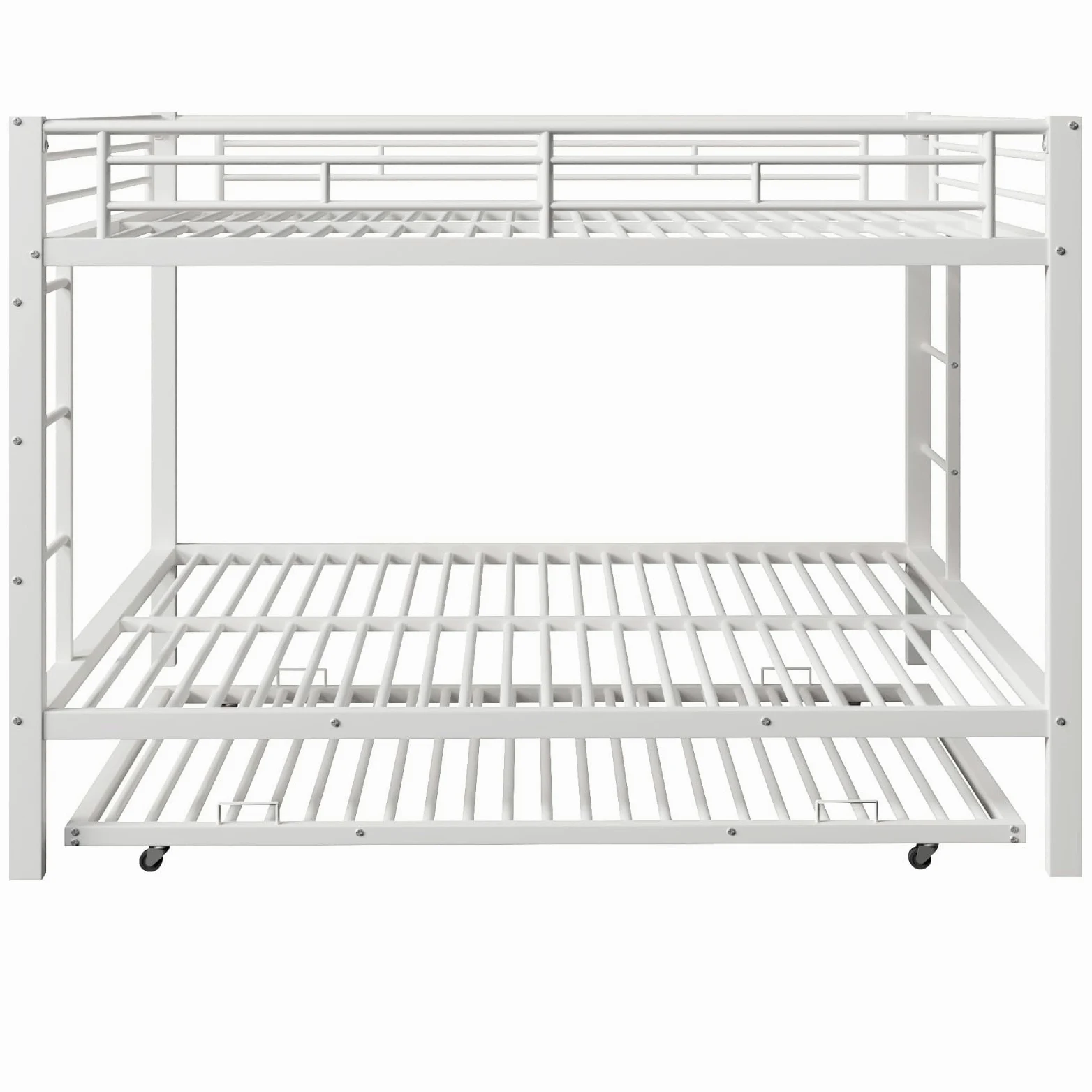 PUGSDRLY Lit Superposé 3 Places avec Lit Gigogne, Structure en Métal Robuste, lit Mezzanine 2 Places avec Haute Barrière de Sécurité, pour Étudiant, Adulte (Blanc+Métal, 140 * 200cm)