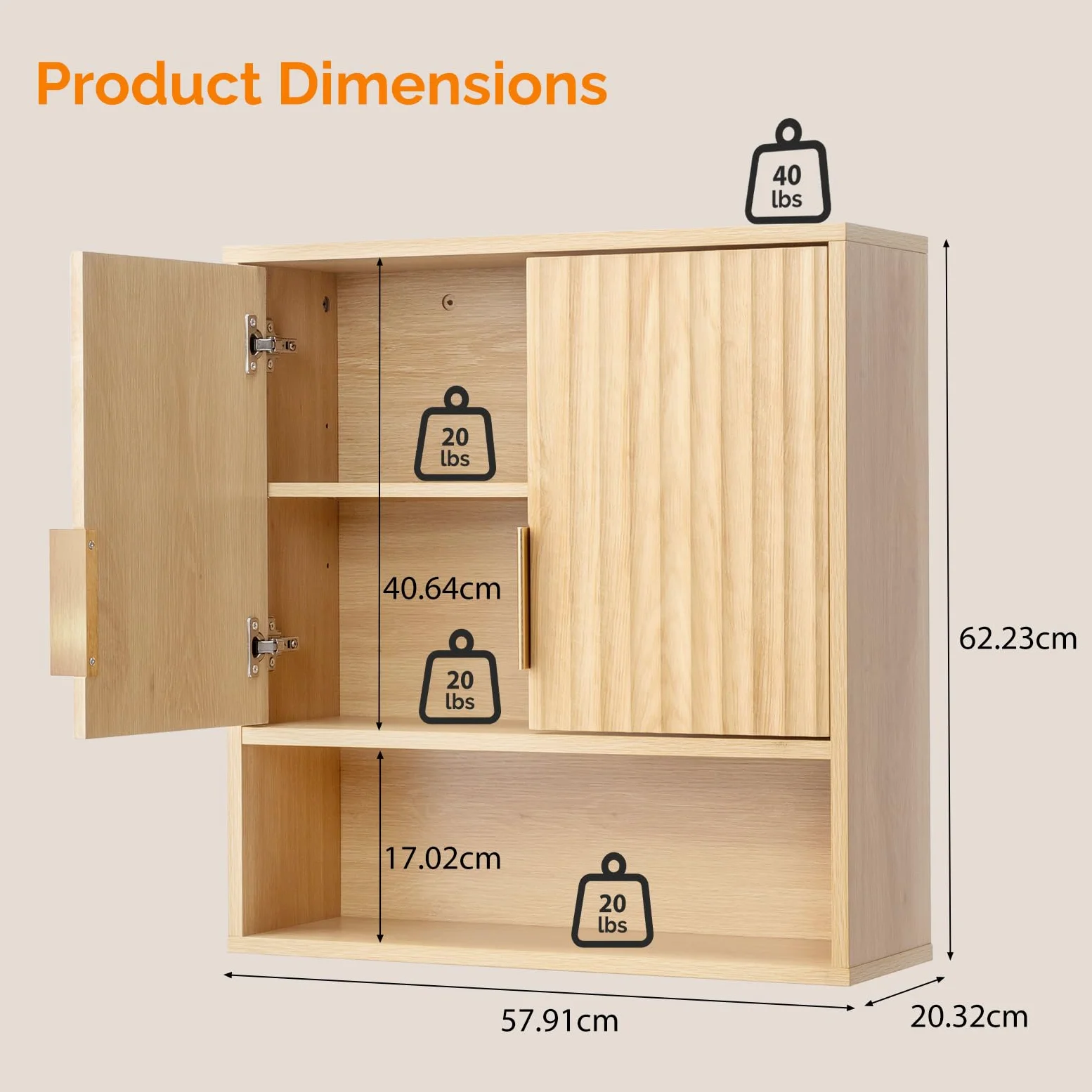 Bonnlo Armoire Murale de Salle de Bain en Chêne, 2 Portes et 3 Étagères de Rangement, 58 x 20 x 62 cm, Meuble de Rangement Suspendu pour Salle de Bain, Cuisine, Salon
