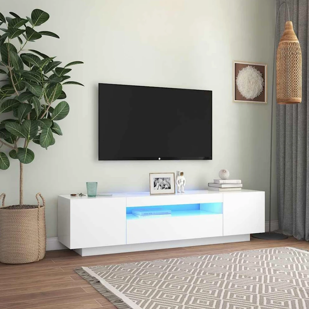 vidaXL Meuble TV avec éclairage LED, Blanc, 160x35x40 cm, Panneaux de Bois, Support TV Jusqu’à 70", Buffet Bas avec étagères, Meuble Moderne de Salon,