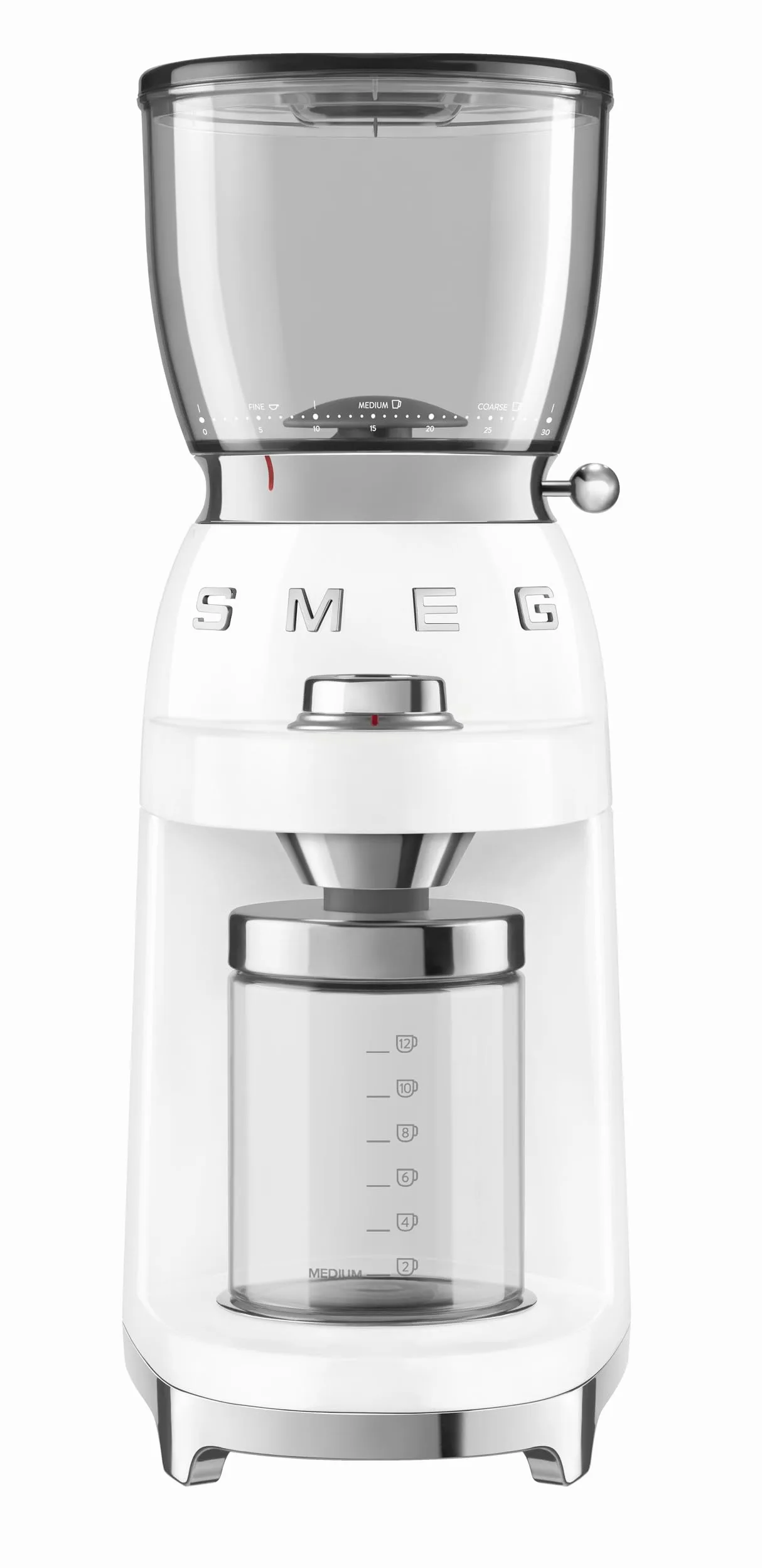 Smeg Moulin à café CGF01WHUK en aluminium, style rétro années 50, 8 réglages de programme et 3 niveaux de broyage, blanc