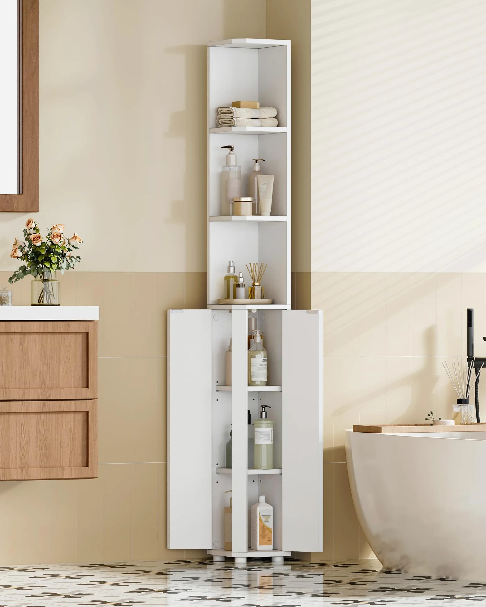 Hzuaneri Meuble de Salle de Bain, Armoire de Salle de Bain d'angle, Armoire de Toilette avec Étagères Réglables, 2 Portes latérales, Meuble Colonne sur Pied, 20 x 20 x 170 cm, weiß BC30003X