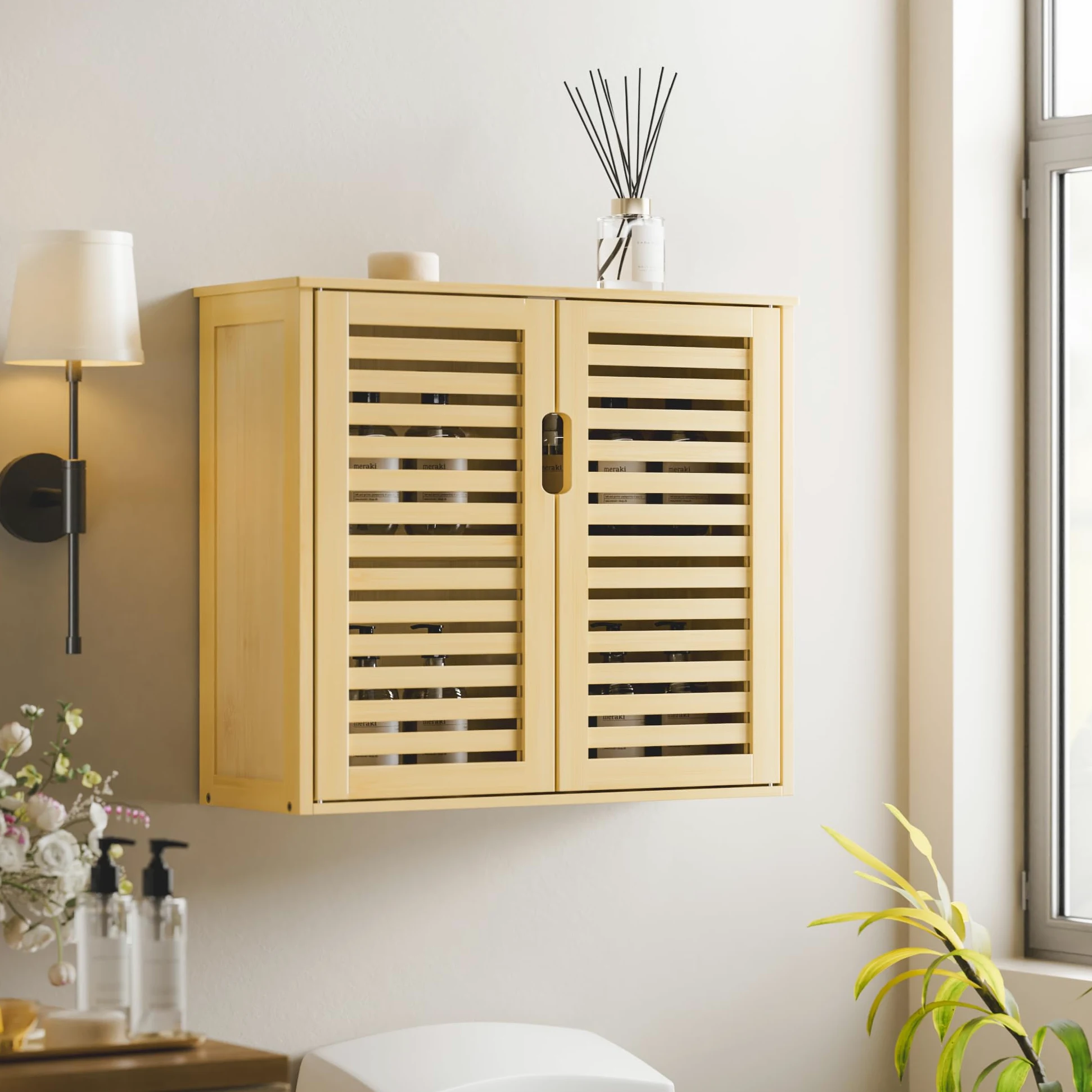 HITNET Armoire Salle de Bain Murale, Armoire à Pharmacie en Bambou 2 Portes avec Étagère Réglable, Meuble de Rangement Suspendu pour Salon, Cuisine et Entrée, Naturel